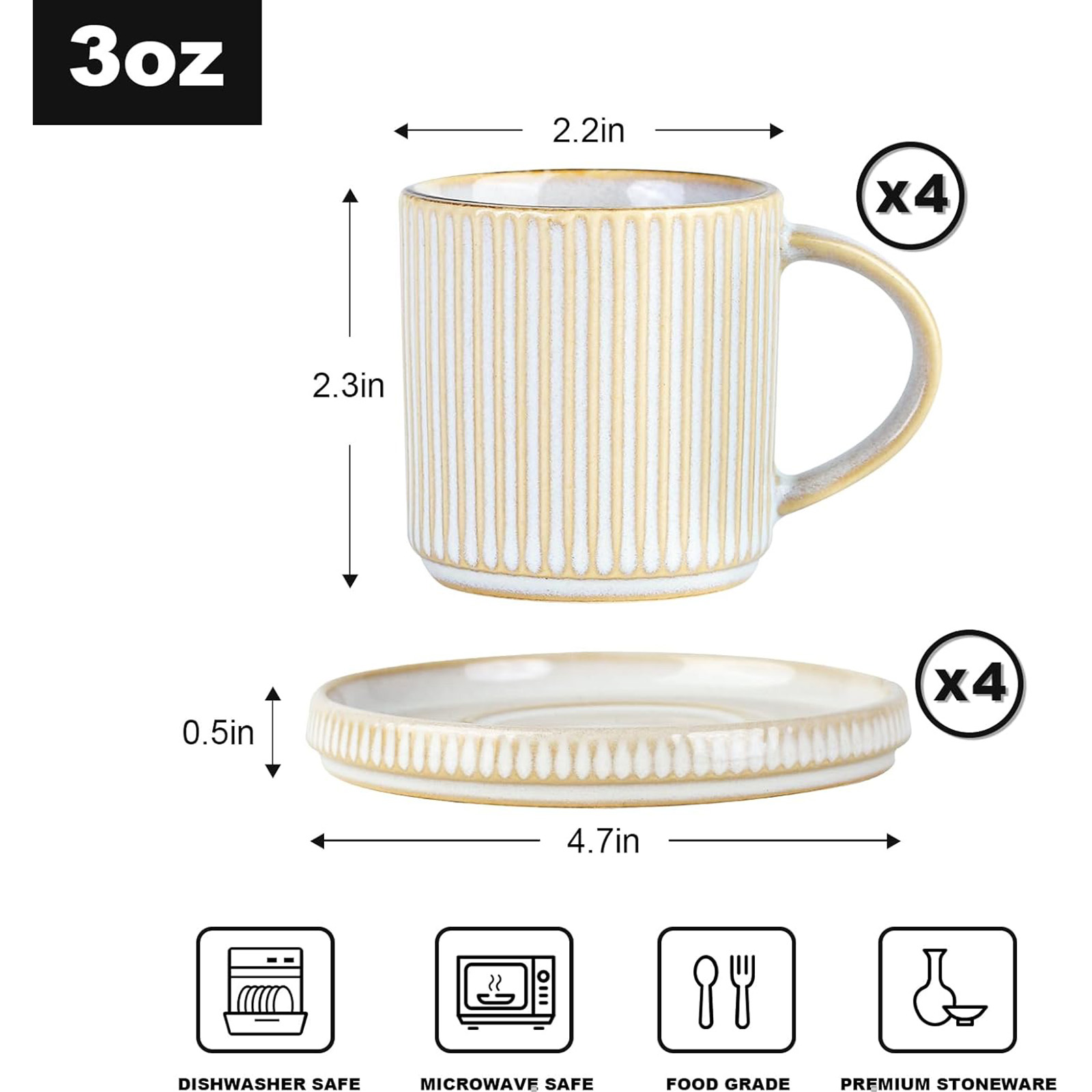 famiware Star Espresso Cups and Saucers Set of 4, [ Mini ] 3 oz Ceramic Small Coffee Mug with Handle, Ribbed Stoneware Demitasse Cup for Tea, Latte - Microwave & Dishwasher Safe - Cappuccino White