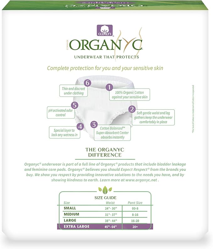 Organyc Bladder Control Underwear for Women - X-Large, 12 Count, Organic Cotton, No Leaks, No Odor, No Irritation