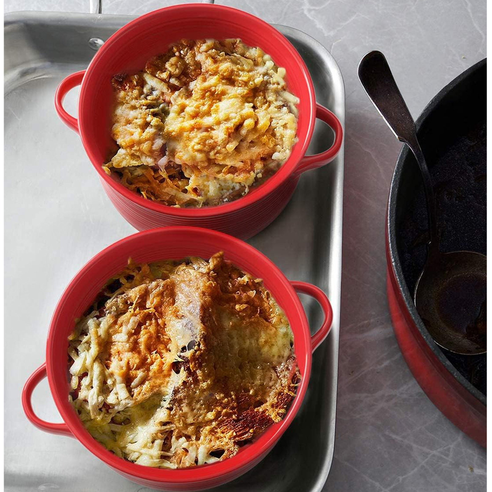 LE TAUCI Soup Bowls with Handles, Ceramic French Onion Soup Bowls 28 Ounces for Soup, Cereal, Chilli, Beef Stew, Stackable Serving Bowls Set, Oven Microwave Dishwasher Safe, Set of 4, Red