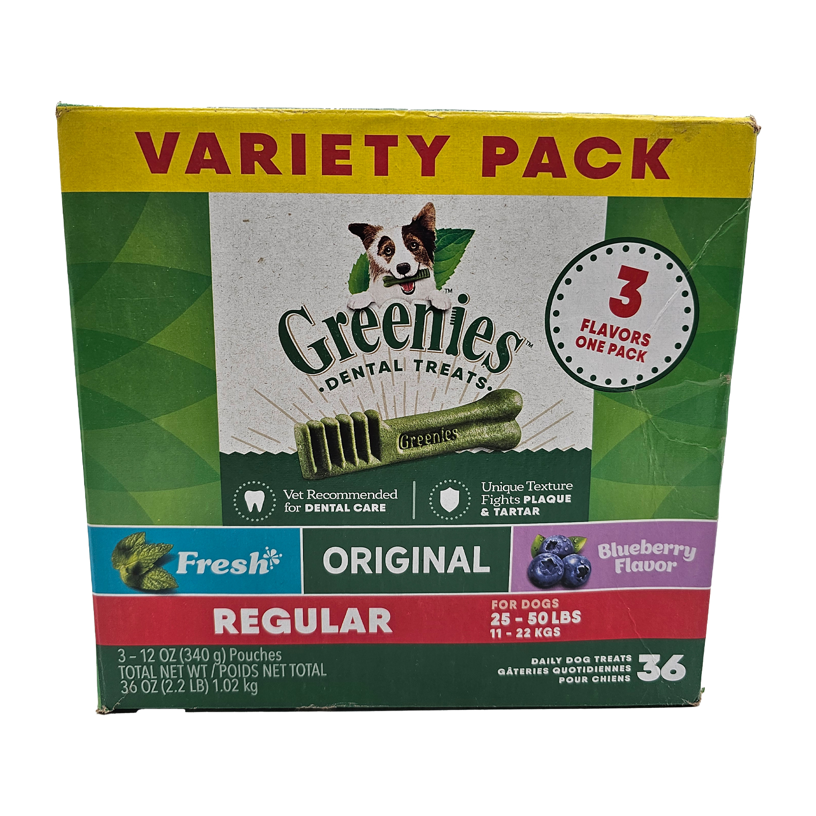 Greenies Regular Spearmint and Blueberry Flavored Variety Pack Dental Care Dog Treats, 3 x 12 oz Pouches