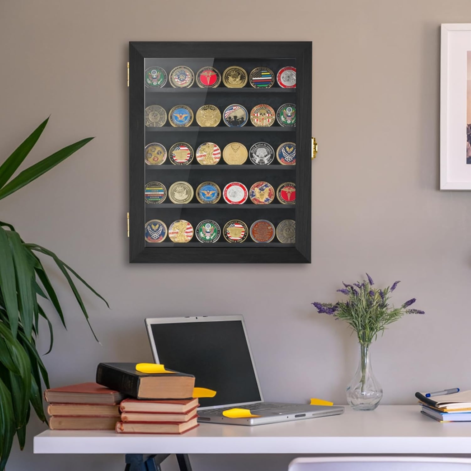 Military Challenge Coin Display Case 11x14IN, Medal Shadow Box with HD Acrylic Glass, Removable 2 Groove Shelves, Wall Mount Coin Collection Holder for Casino Poker Chips Exquisite Souvenirs