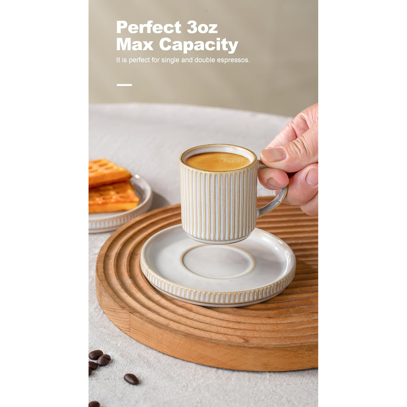 famiware Star Espresso Cups and Saucers Set of 4, [ Mini ] 3 oz Ceramic Small Coffee Mug with Handle, Ribbed Stoneware Demitasse Cup for Tea, Latte - Microwave & Dishwasher Safe - Cappuccino White