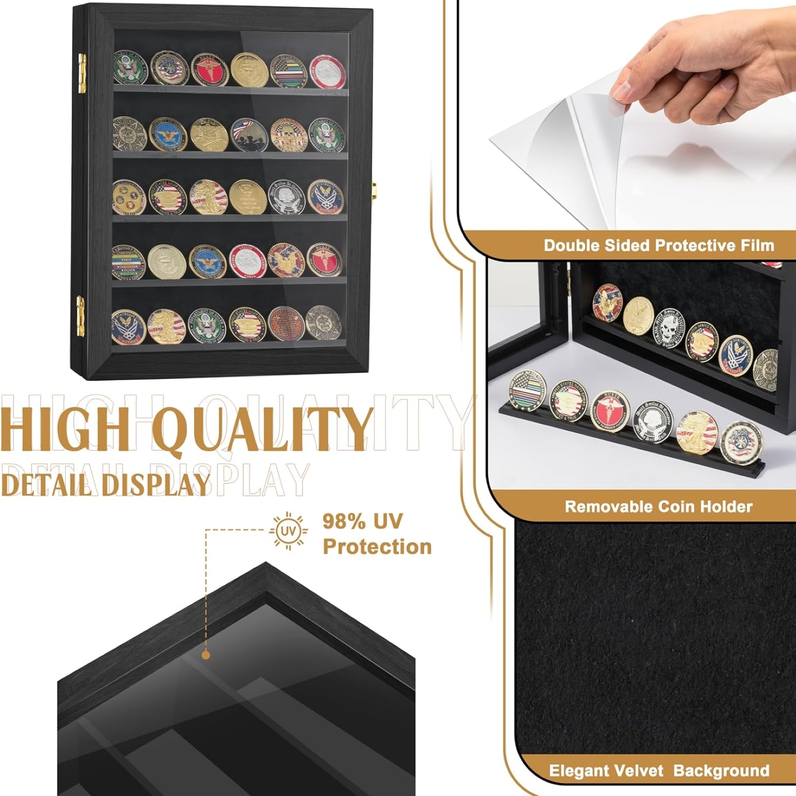 Military Challenge Coin Display Case 11x14IN, Medal Shadow Box with HD Acrylic Glass, Removable 2 Groove Shelves, Wall Mount Coin Collection Holder for Casino Poker Chips Exquisite Souvenirs