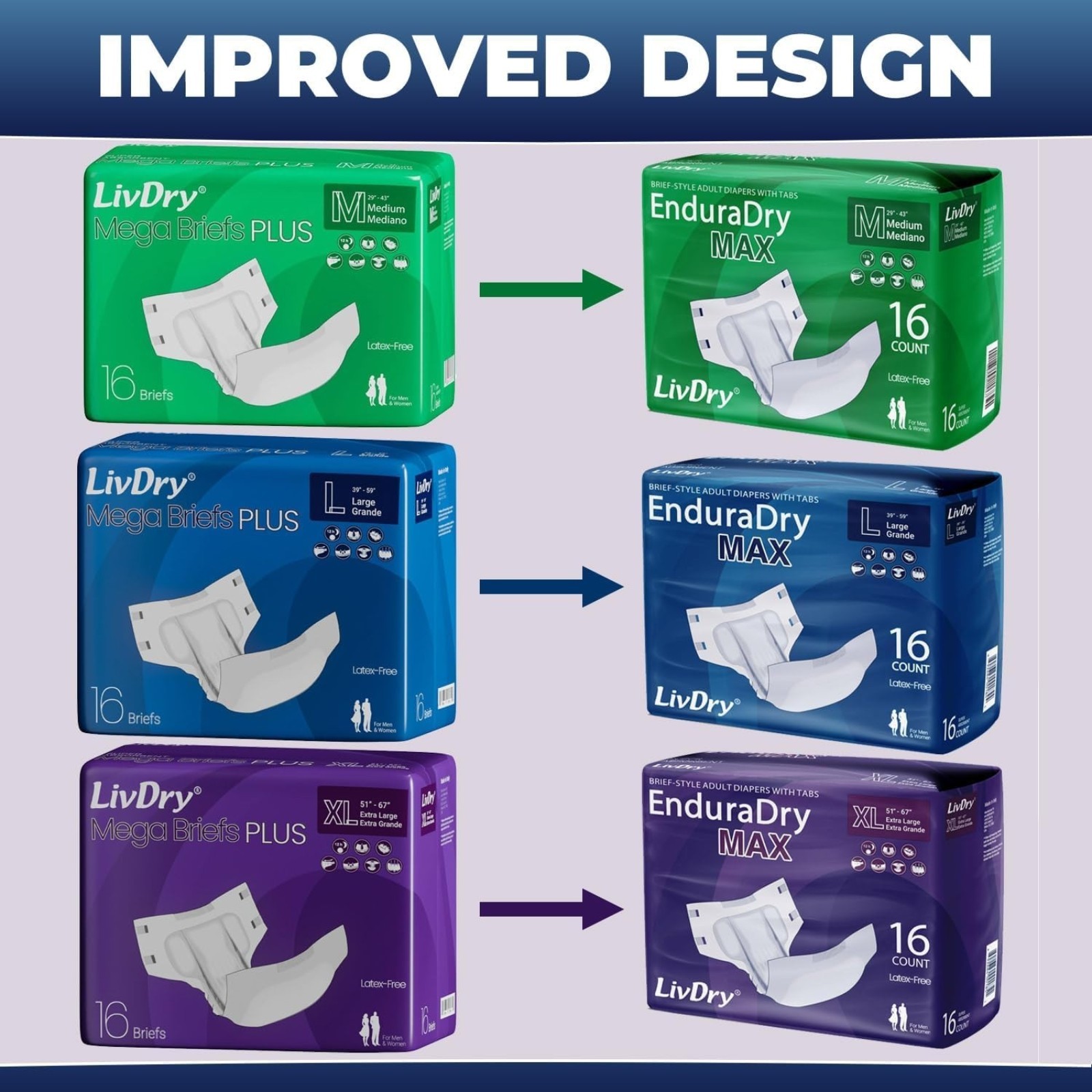 LivDry EnduraDry Max Adult Diapers with Tabs, Up to 12-Hours, Super Absorbent Incontinence Underwear, Leak Protection Briefs, Medium, 16-Pack
