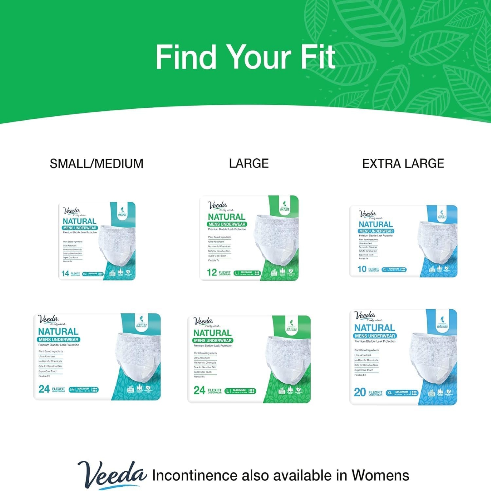 Veeda Natural Adult Incontinence Underwear for Men - Disposable Underwear for Bladder Leakage Protection - Adult Diapers for Men with Maximum Absorbency - Large Size - 96 Count