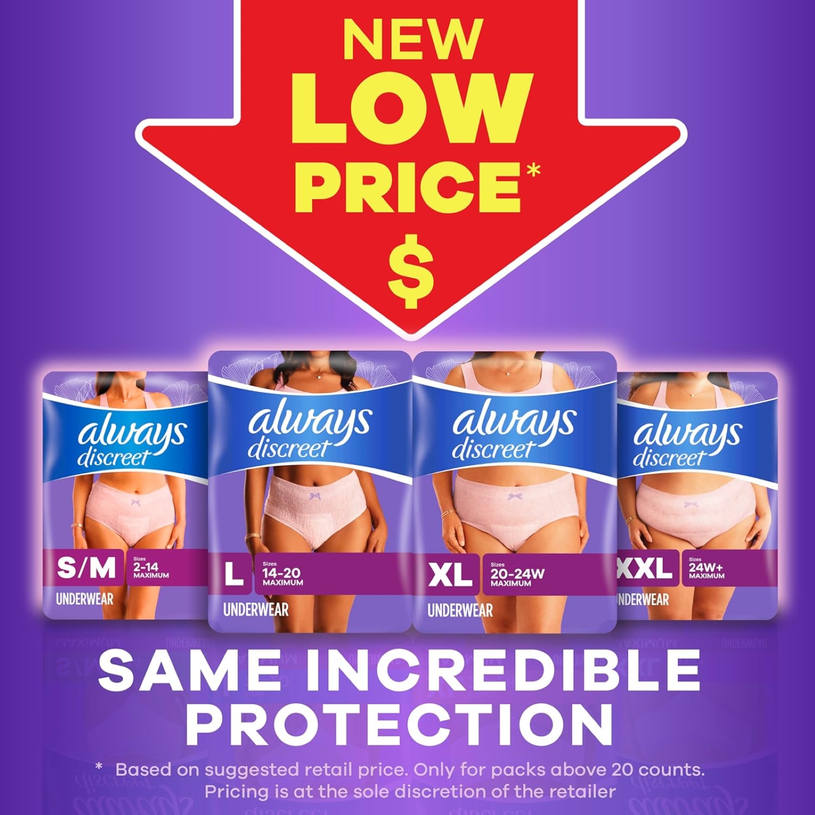 Always Discreet Adult Incontinence Underwear for Women and Postpartum Underwear, XL, Up to 100% Bladder Leak Protection, 64 Count (Packaging May Vary)