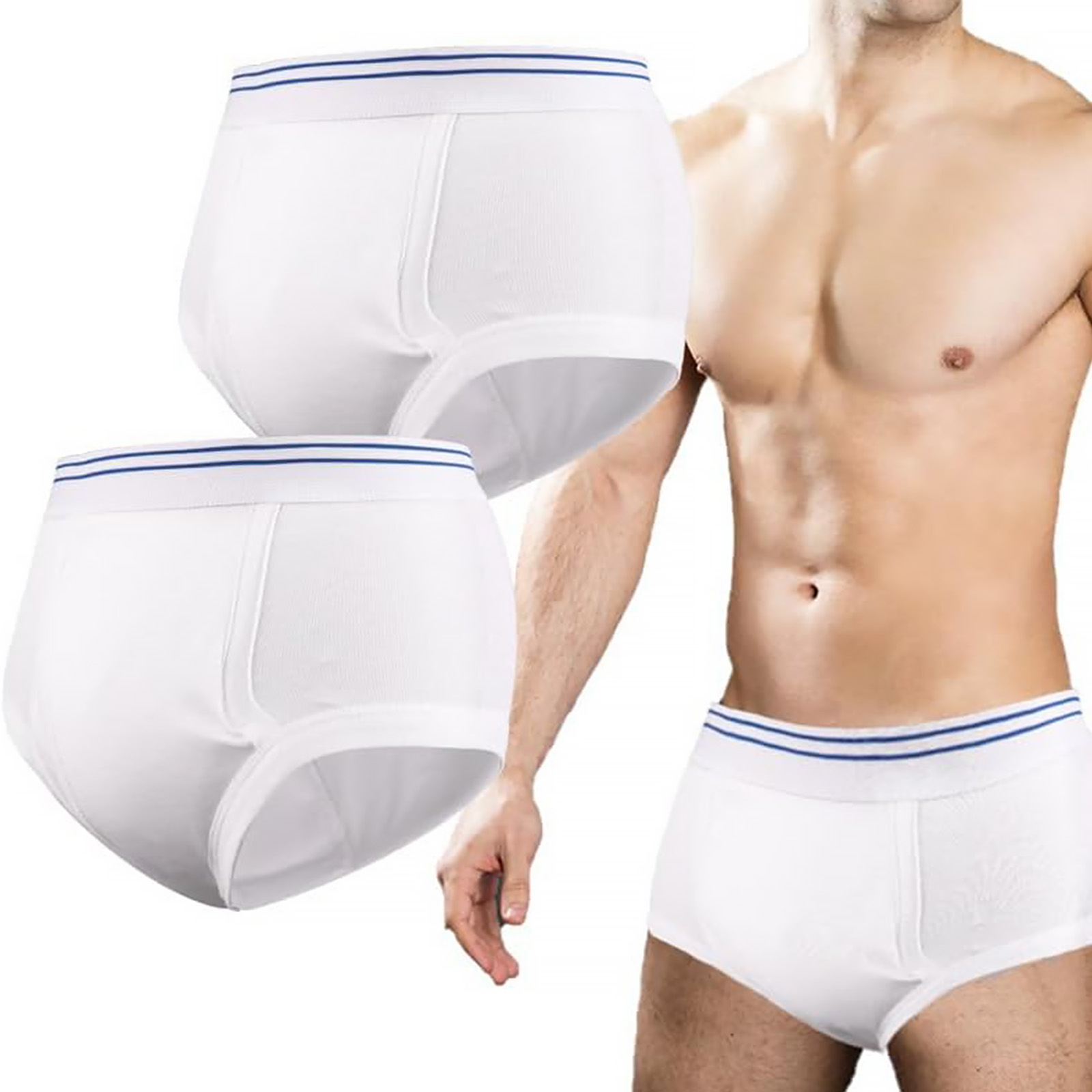 PADRAM Mens Incontinence Briefs 2 Pack - Washable, Front Absorbent (White, M) 