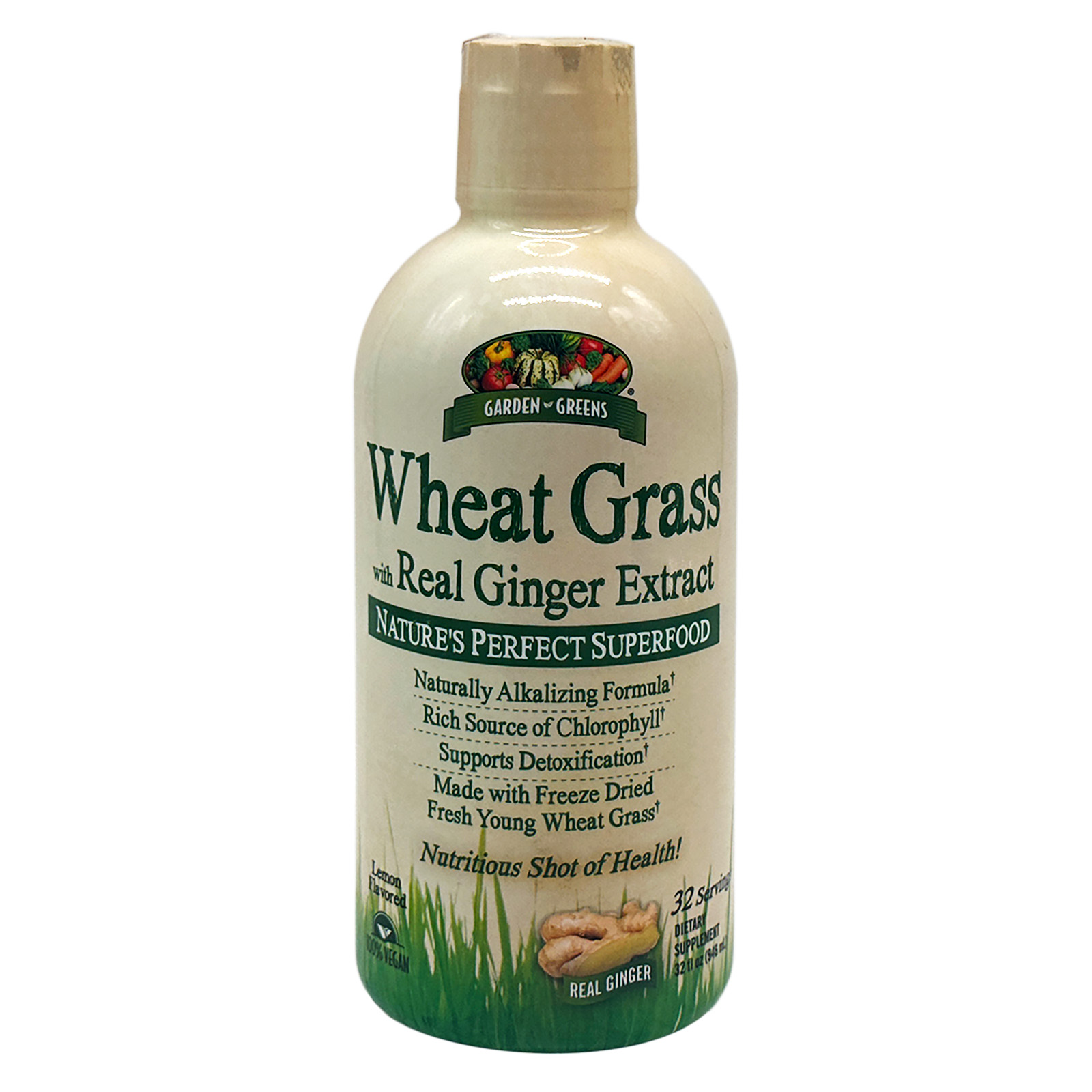 Garden Greens - Wheat Grass Liquid with Real Ginger Extract - Nature's Perfect Superfood - 32 servings