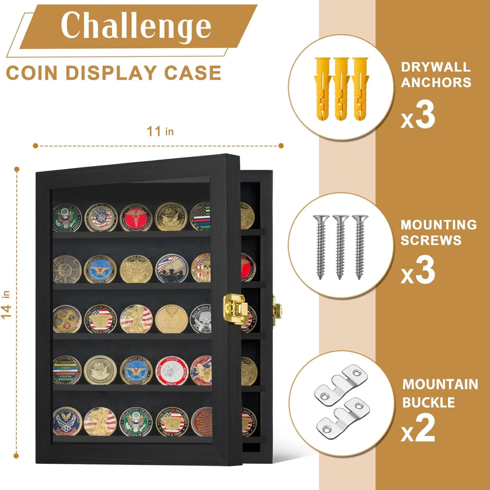 Military Challenge Coin Display Case 11x14IN, Medal Shadow Box with HD Acrylic Glass, Removable 2 Groove Shelves, Wall Mount Coin Collection Holder for Casino Poker Chips Exquisite Souvenirs