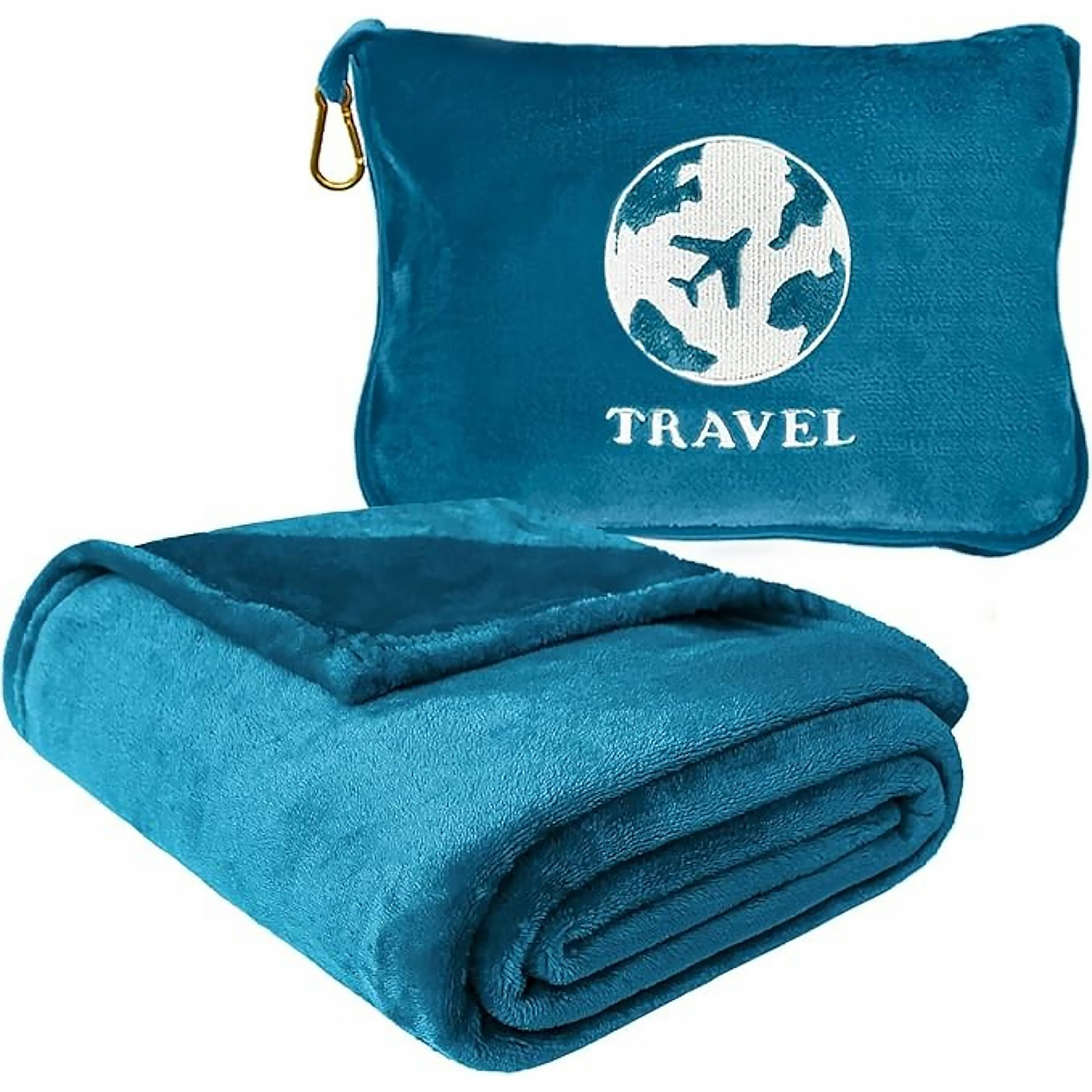 Bnuitland Travel Blanket and Pillow 2 in 1, Soft Flannel Airplane Blanket in Bag Compact-Long Flight Essential for Adults and Kids, Portable Luggage Sleeve and Backpack Clip, 65×40 inch Teal Blue