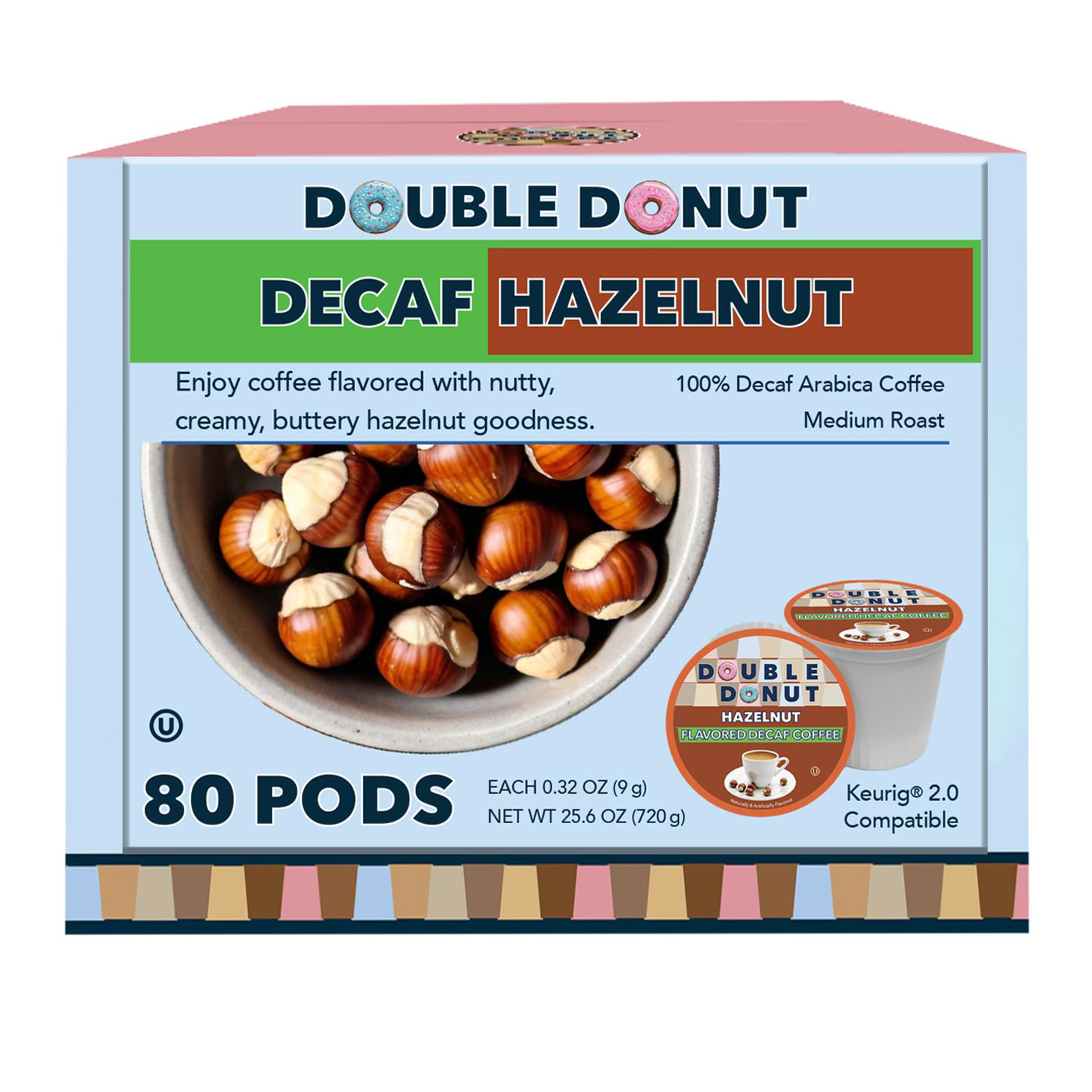 Double Donut, Decaf Hazelnut Flavored Coffee Single Serve Cups, 80 Ct