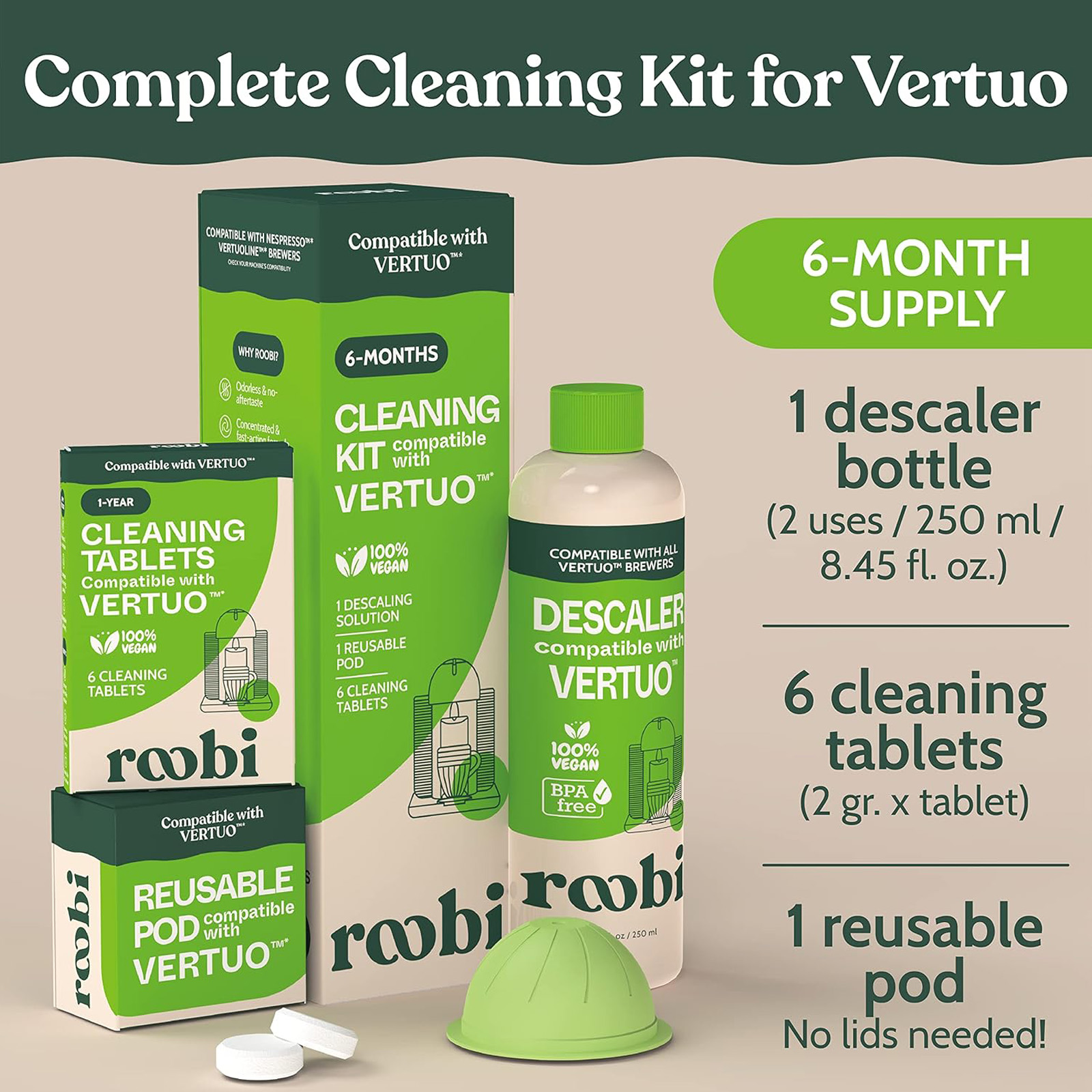 Nespresso Compatible Vertuo Cleaning & Descaling Kit. 6 Month's Supply