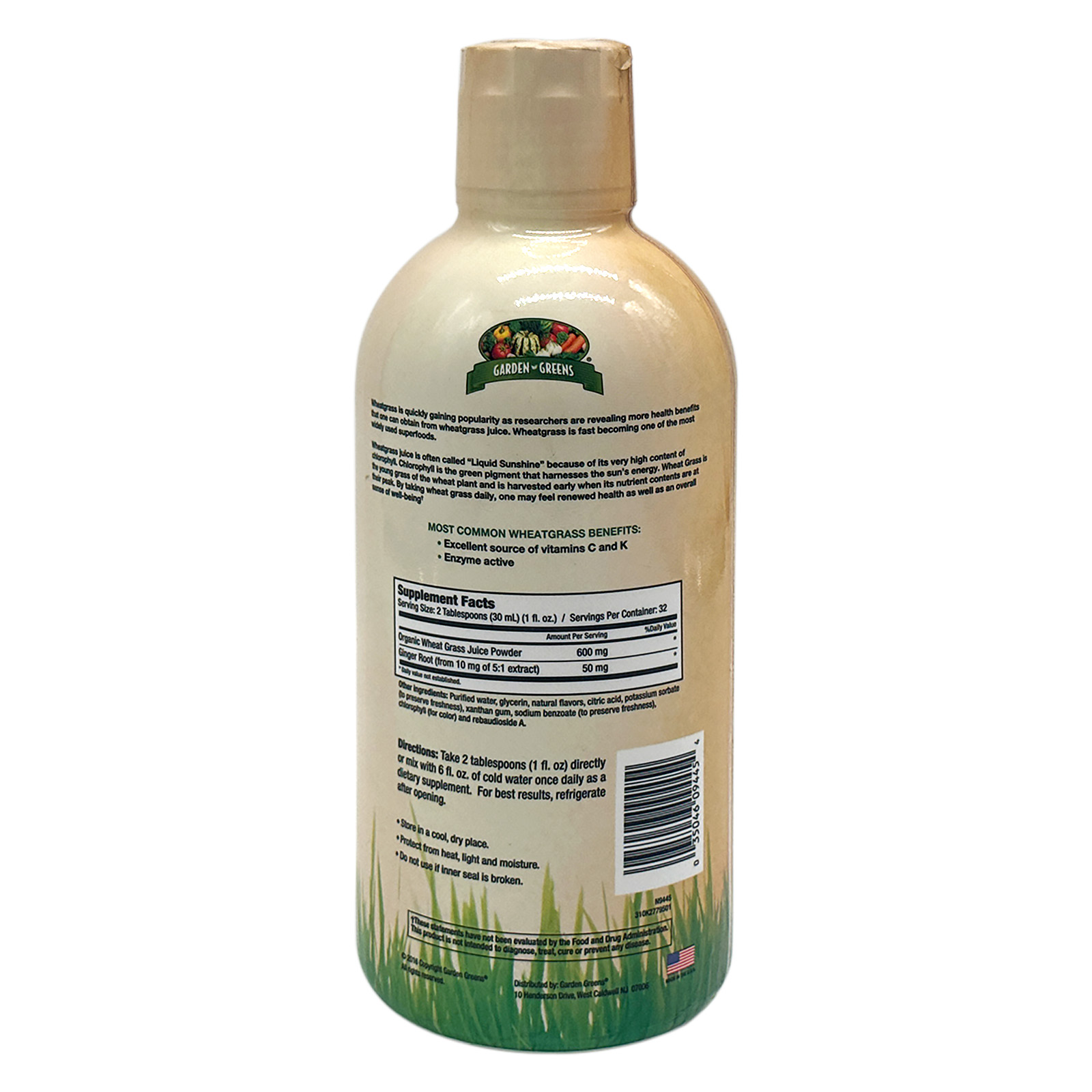 Garden Greens - Wheat Grass Liquid with Real Ginger Extract - Nature's Perfect Superfood - 32 servings