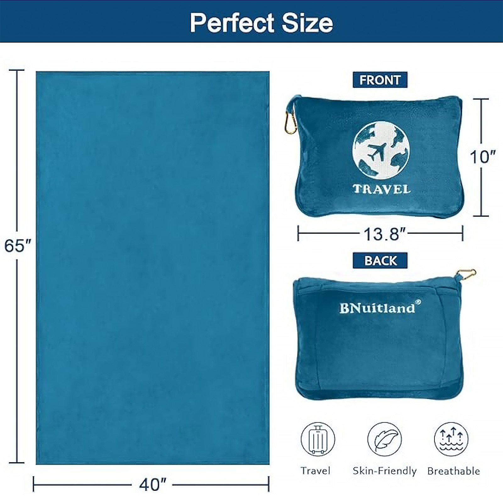 Bnuitland Travel Blanket and Pillow 2 in 1, Soft Flannel Airplane Blanket in Bag Compact-Long Flight Essential for Adults and Kids, Portable Luggage Sleeve and Backpack Clip, 65×40 inch Teal Blue