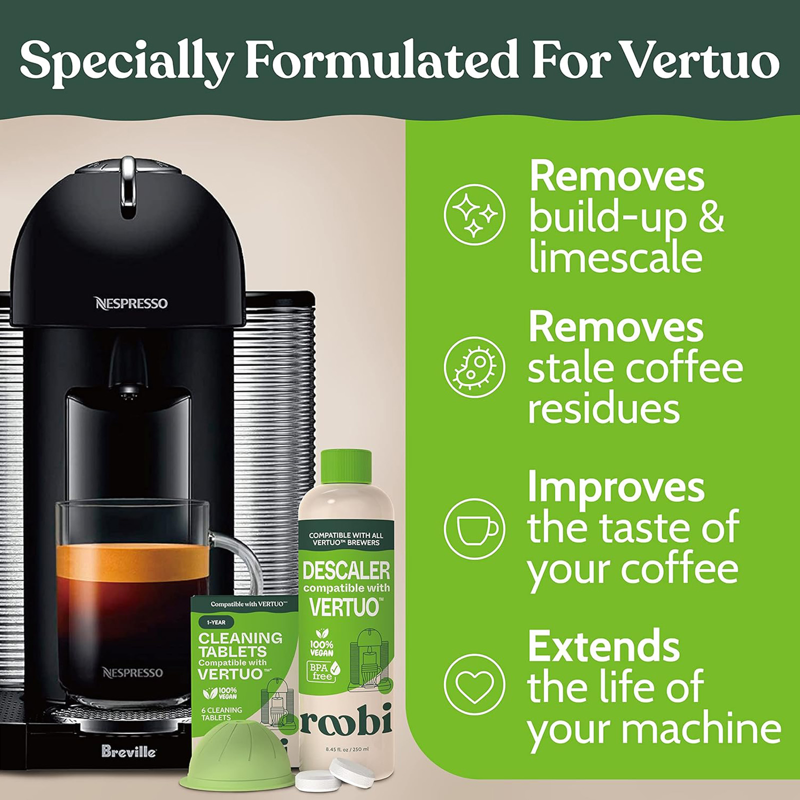 Nespresso Compatible Vertuo Cleaning & Descaling Kit. 6 Month's Supply