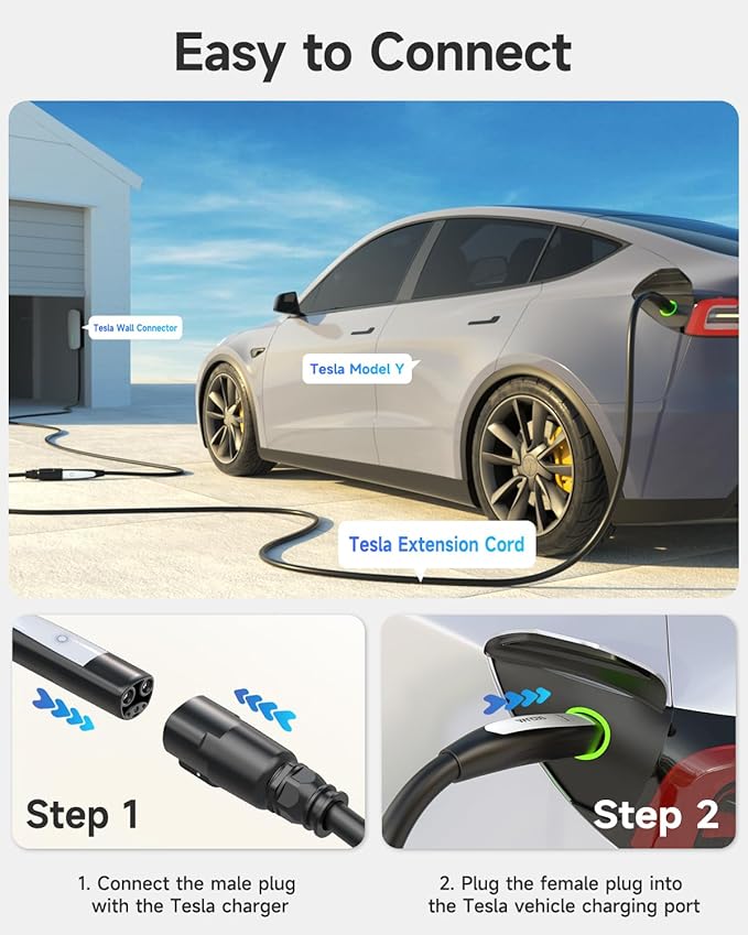 SEGUMA EV Charger Extension Cable for Tesla Charger (40Amp 21ft 240V 9.6kW), EV Extension Cord for Level 1 Level 2 Tesla Home Mobile Charger/Wall Connector, NACS Extension Cord for Tesla Y/X/3/S/Cyber-truck