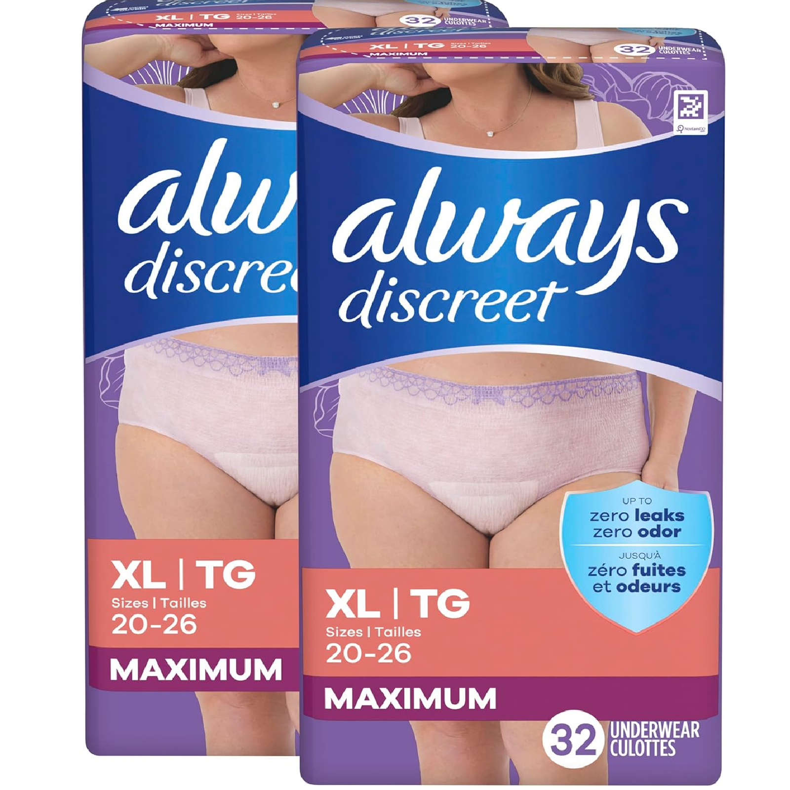 Always Discreet Adult Incontinence Underwear for Women and Postpartum Underwear, XL, Up to 100% Bladder Leak Protection, 64 Count (Packaging May Vary)
