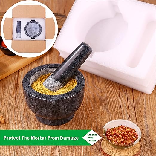 Mortar and Pestle Set Polished Natural Marble Guacamole Molcajete Bowl, Spices Grinder with Silicone Pad, Stainless Steel Spoon and Brush, 300ml Capacity Crusher(Medium, Dark Gray)