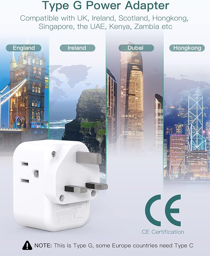 US to UK Ireland Plug Adapter, Addtam Type G Power Adapter with 3 AC Outlets and 3 USB(1 USB C), Travel Essentials for USA to Dubai Scotland British London England Hong Kong Irish