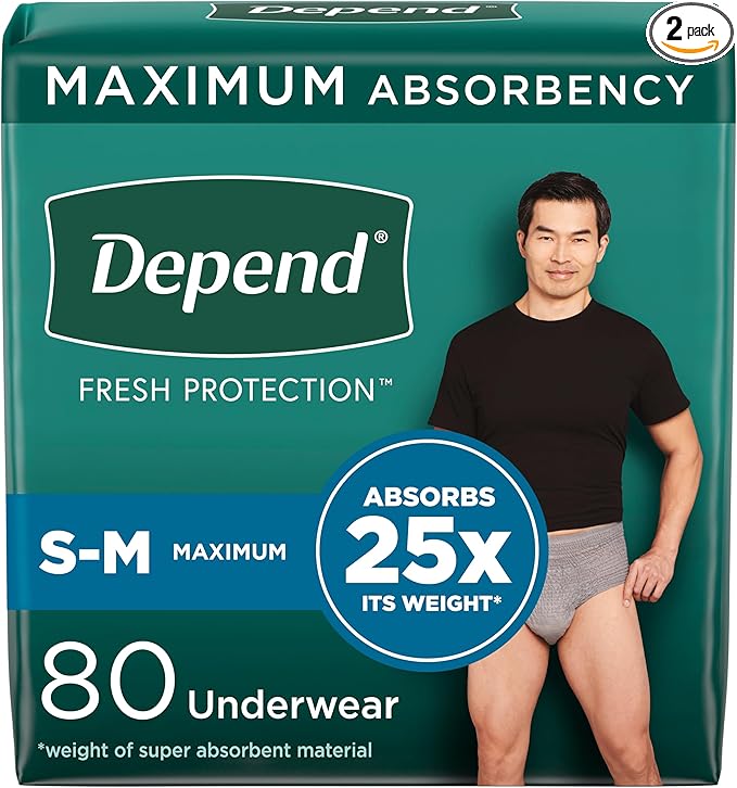 Depend Fresh Protection Adult Incontinence Underwear for Men, Disposable, Maximum, Small/Medium, Grey, 80 Count (2 Packs of 40), Packaging May Vary