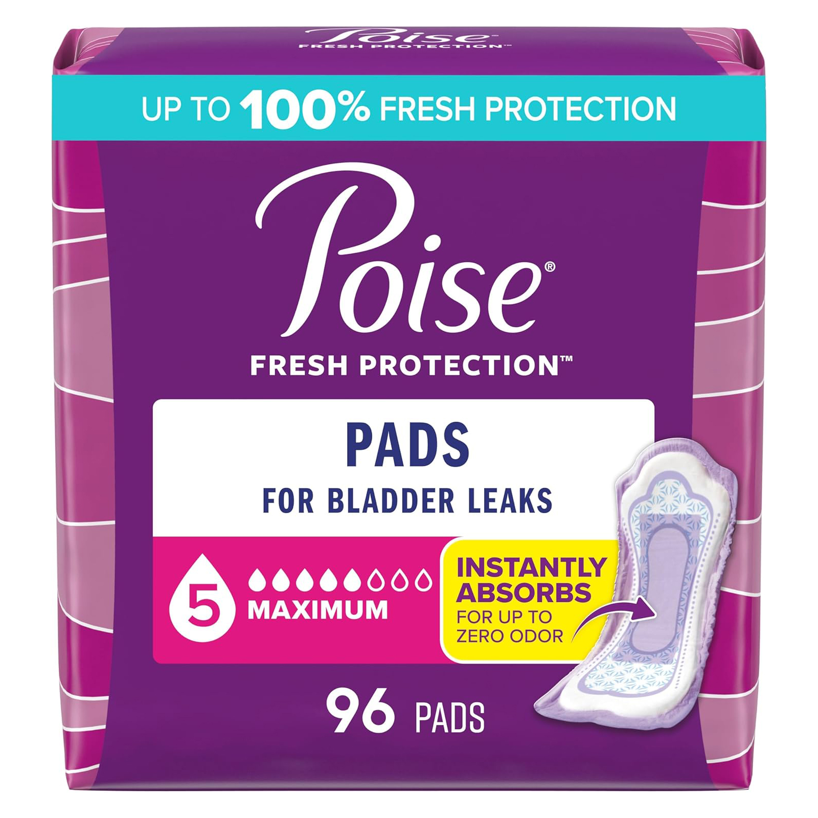 Poise Incontinence & Postpartum Pads for Bladder Leaks, 5 Drop Maximum Absorbency, Regular Length, 96 Count, Packaging May Vary