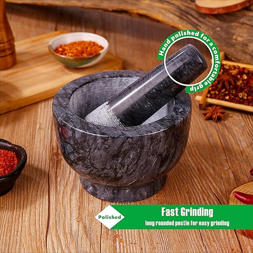Mortar and Pestle Set Polished Natural Marble Guacamole Molcajete Bowl, Spices Grinder with Silicone Pad, Stainless Steel Spoon and Brush, 300ml Capacity Crusher(Medium, Dark Gray)