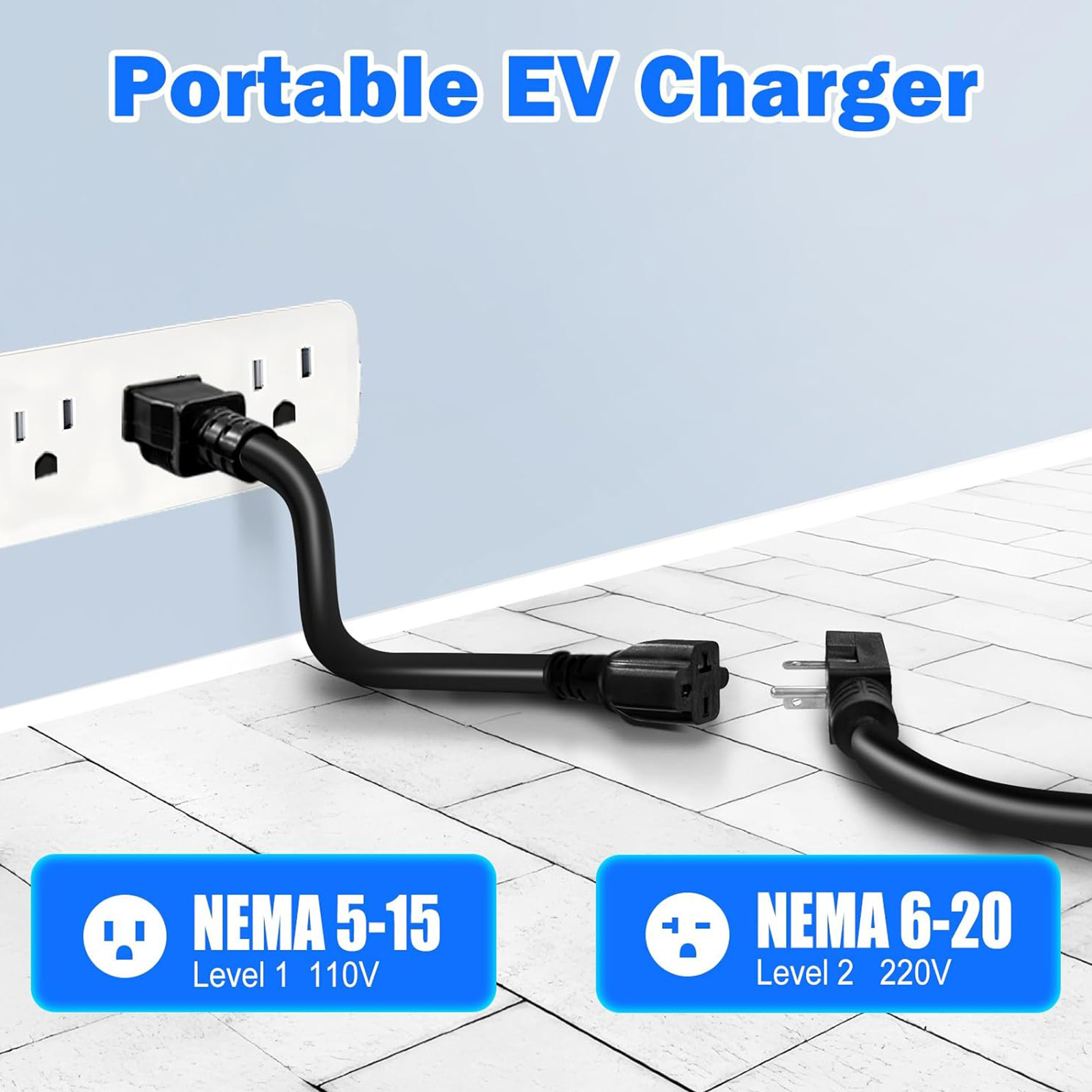 SubSun Level 1 Level2 EV Charger 16 Amp 110-240 V,17 ft Cable, Portable Electric Vehicle Charger with NEMA5-15P & 6-20 Plug Compatible for SAE J1772 EV Cars for Home and Outdoor (White)