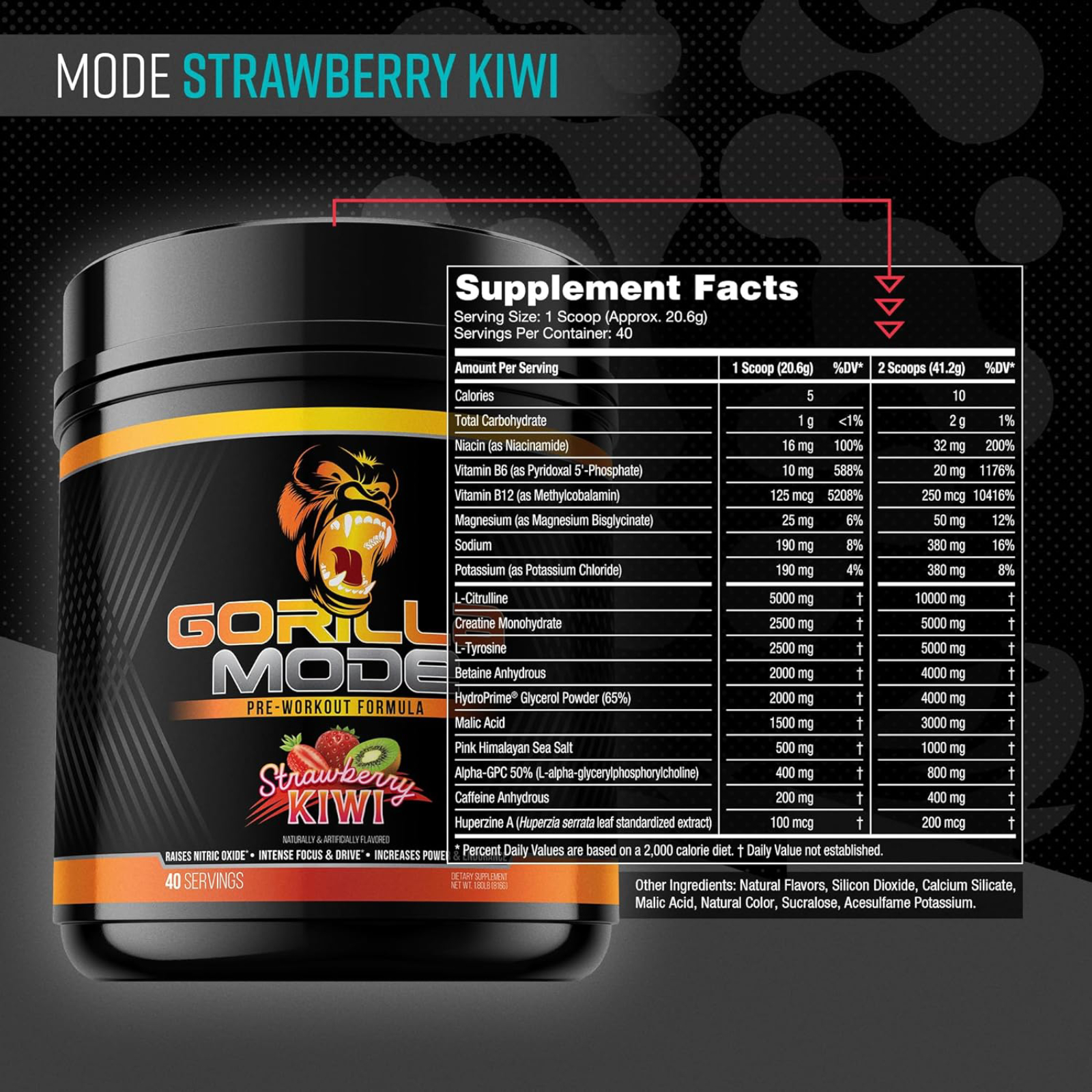 Gorilla Mind Pre Workout - Massive Pumps Laser Focus Energy Power - L-Citrulline, Creatine, L-Tyrosine, Betaine, Hydroprime, Alpha-GPC, 400mg Caffeine, Huperzine A 816g (Strawberry Kiwi)