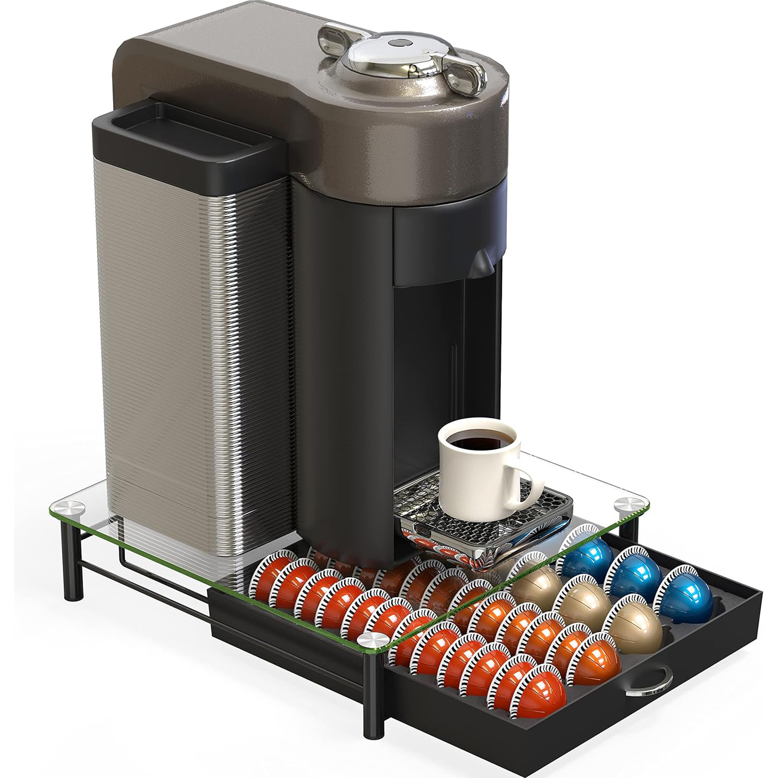 DecoBrothers Crystal Tempered Glass Vertuo Pod Holder Drawer, 24 Large or 48 Small Nespresso Capsule Organizer