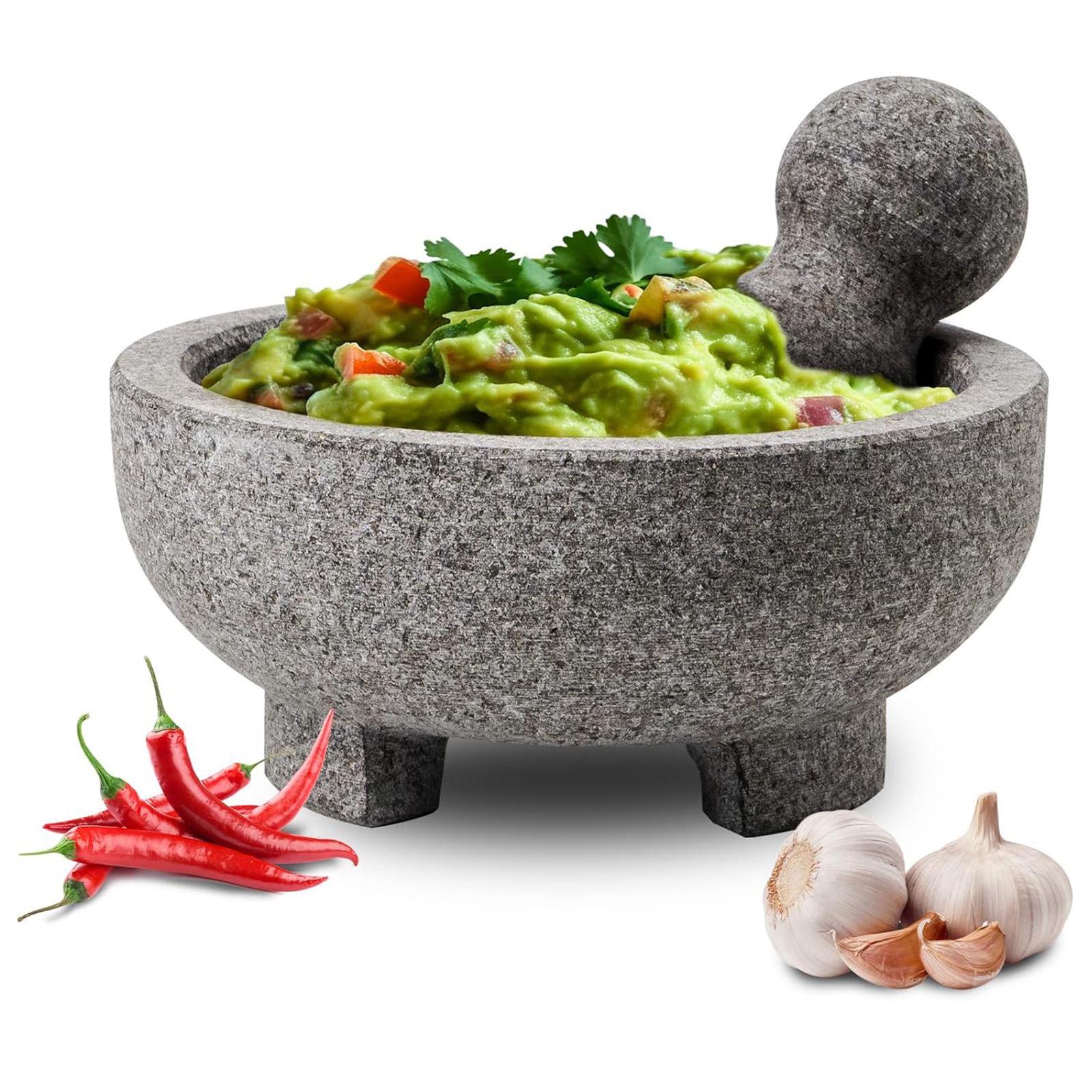 Mortar and Pestle Set, 4 Cup Natural Unpolished Granite Molcajete Mexicano, 8-in Extra Large Guacamole Bowl, Motar Pestel Stone Grinder for Guacamole, Salsa, Spices, Herbs, Seasonings