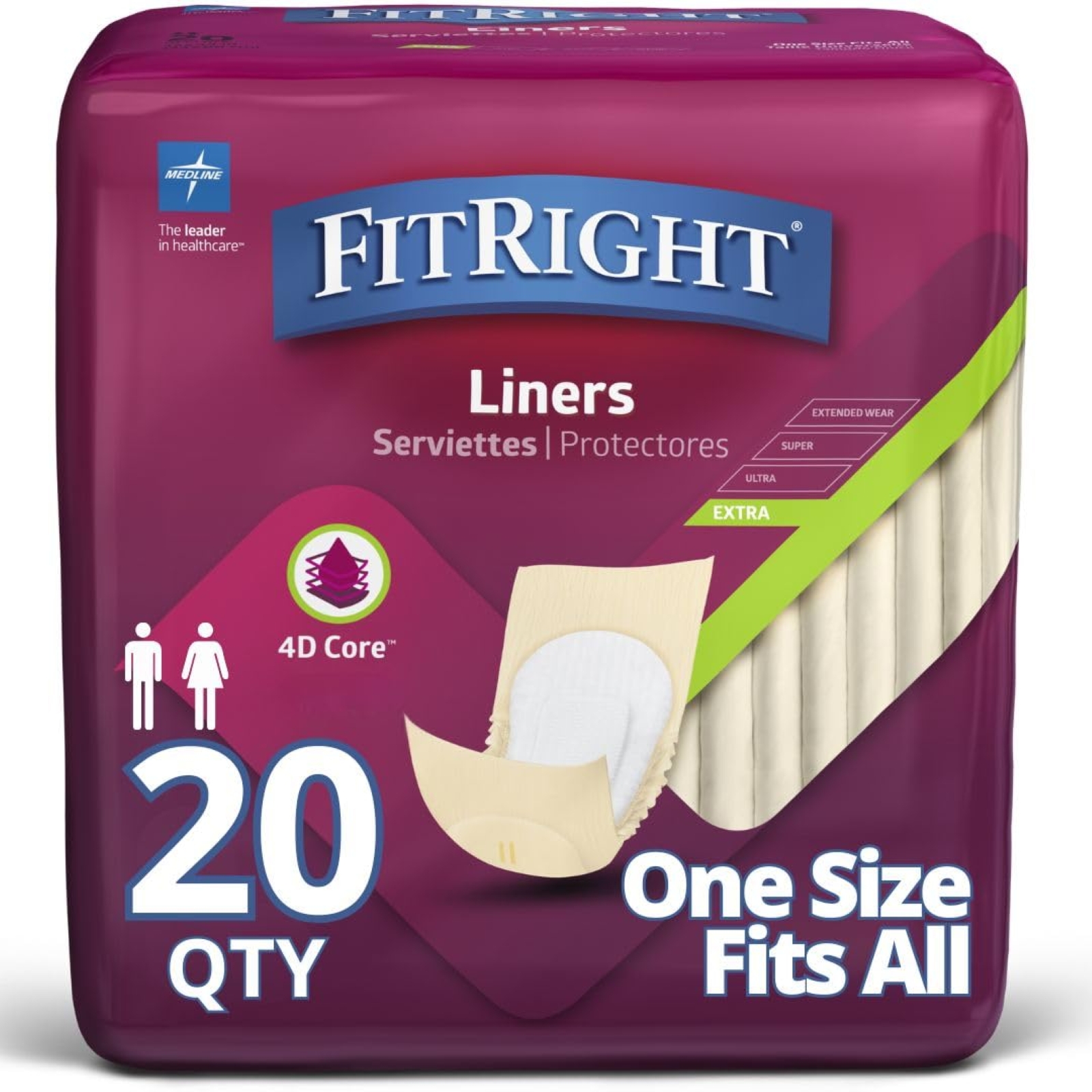FitRight Extra Unisex Incontinence Liners, Moderate Absorbency, 13x30 Inches, Leak Protection & Odor Control, 20 Count