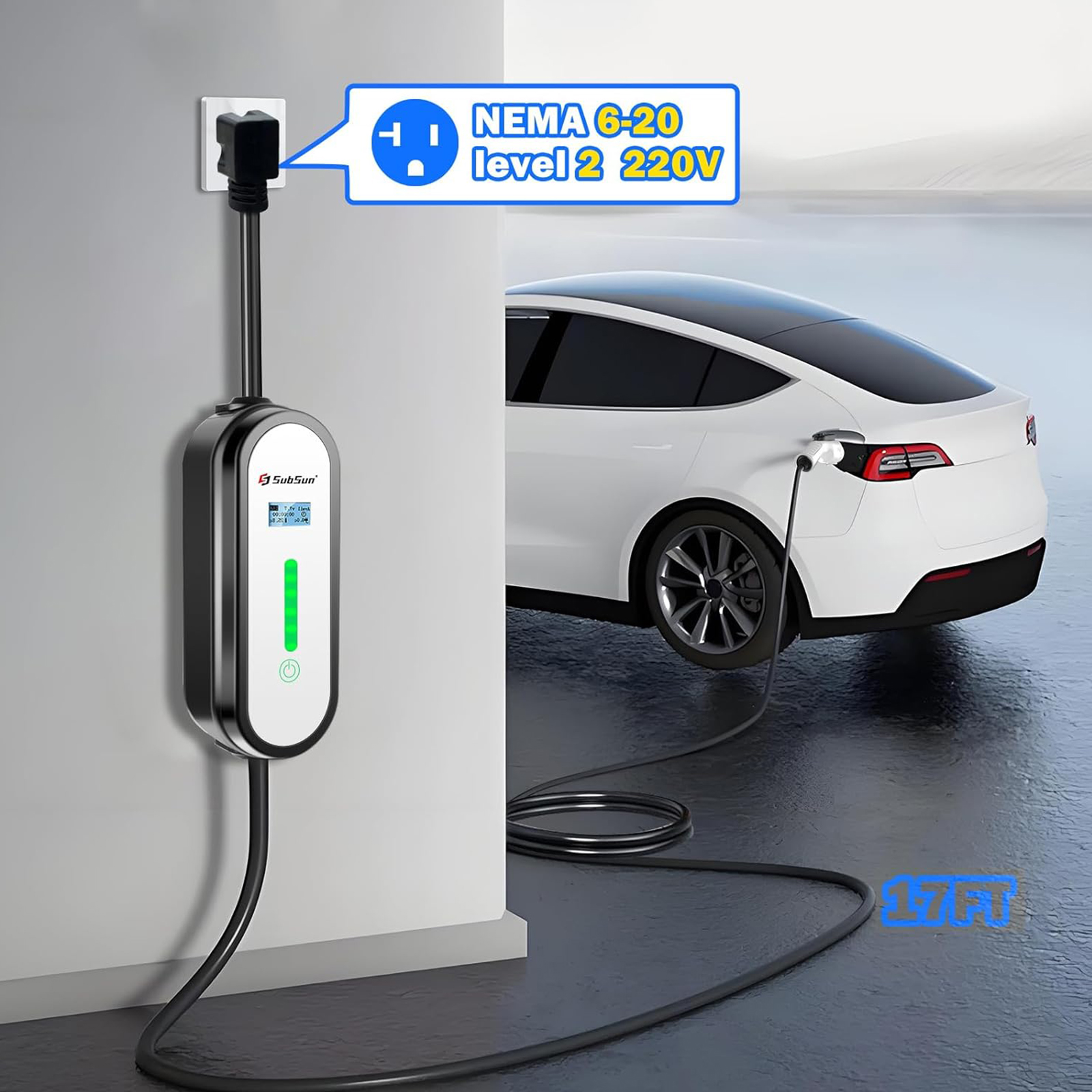SubSun Level 1 Level2 EV Charger 16 Amp 110-240 V,17 ft Cable, Portable Electric Vehicle Charger with NEMA5-15P & 6-20 Plug Compatible for SAE J1772 EV Cars for Home and Outdoor (White)