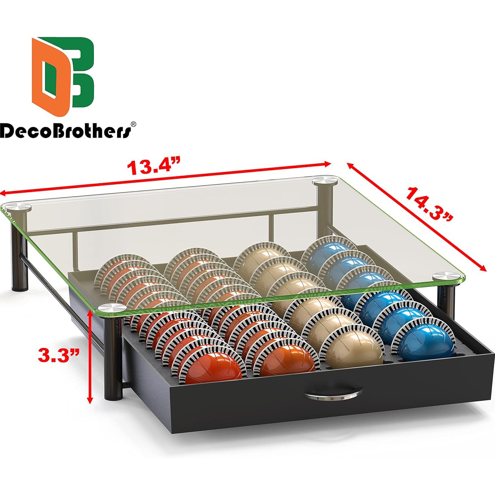 DecoBrothers Crystal Tempered Glass Vertuo Pod Holder Drawer, 24 Large or 48 Small Nespresso Capsule Organizer