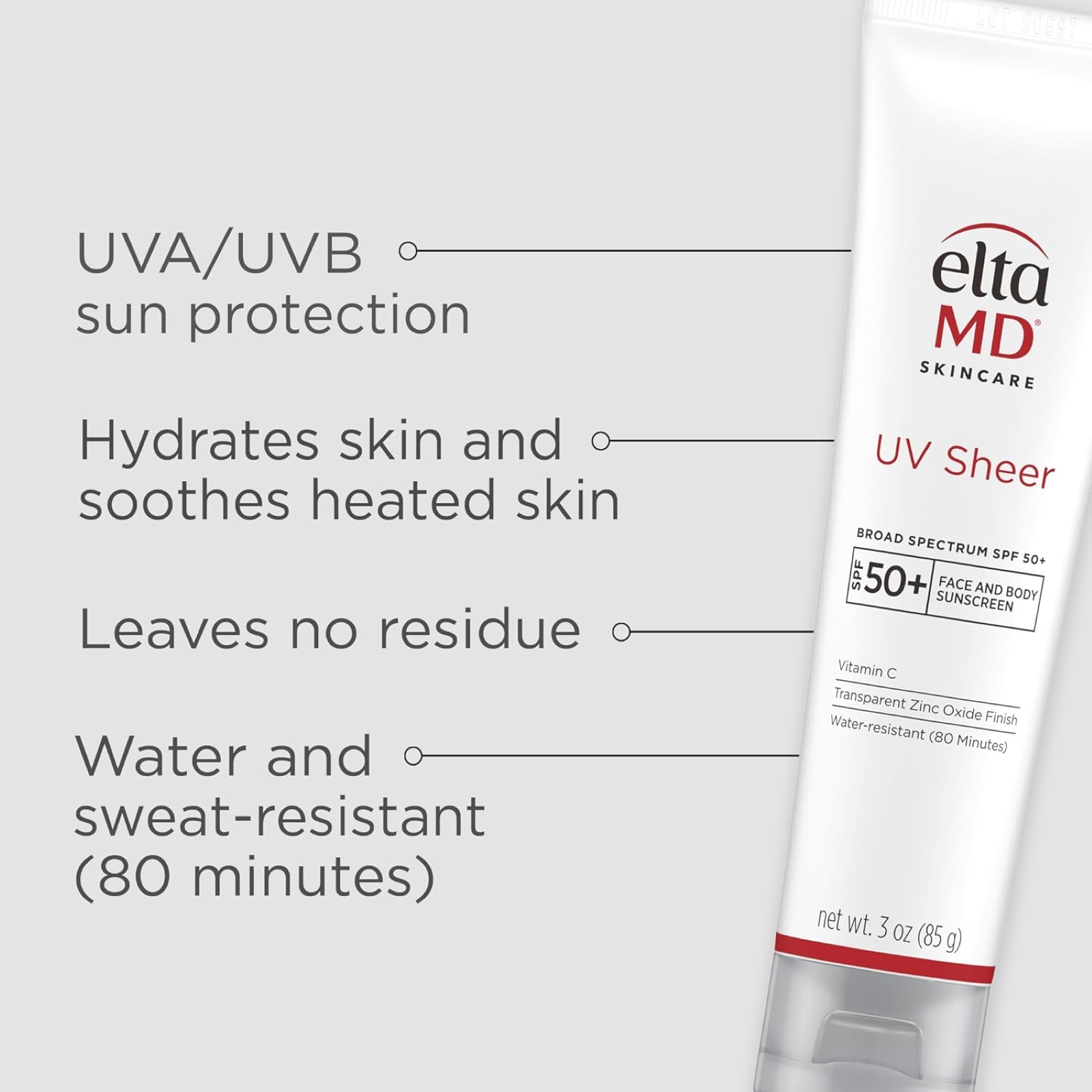 EltaMD UV Sheer Face Sunscreen, SPF 50+ No White Cast Sunscreen for Face and Body, Zinc Oxide Sunscreen Formula