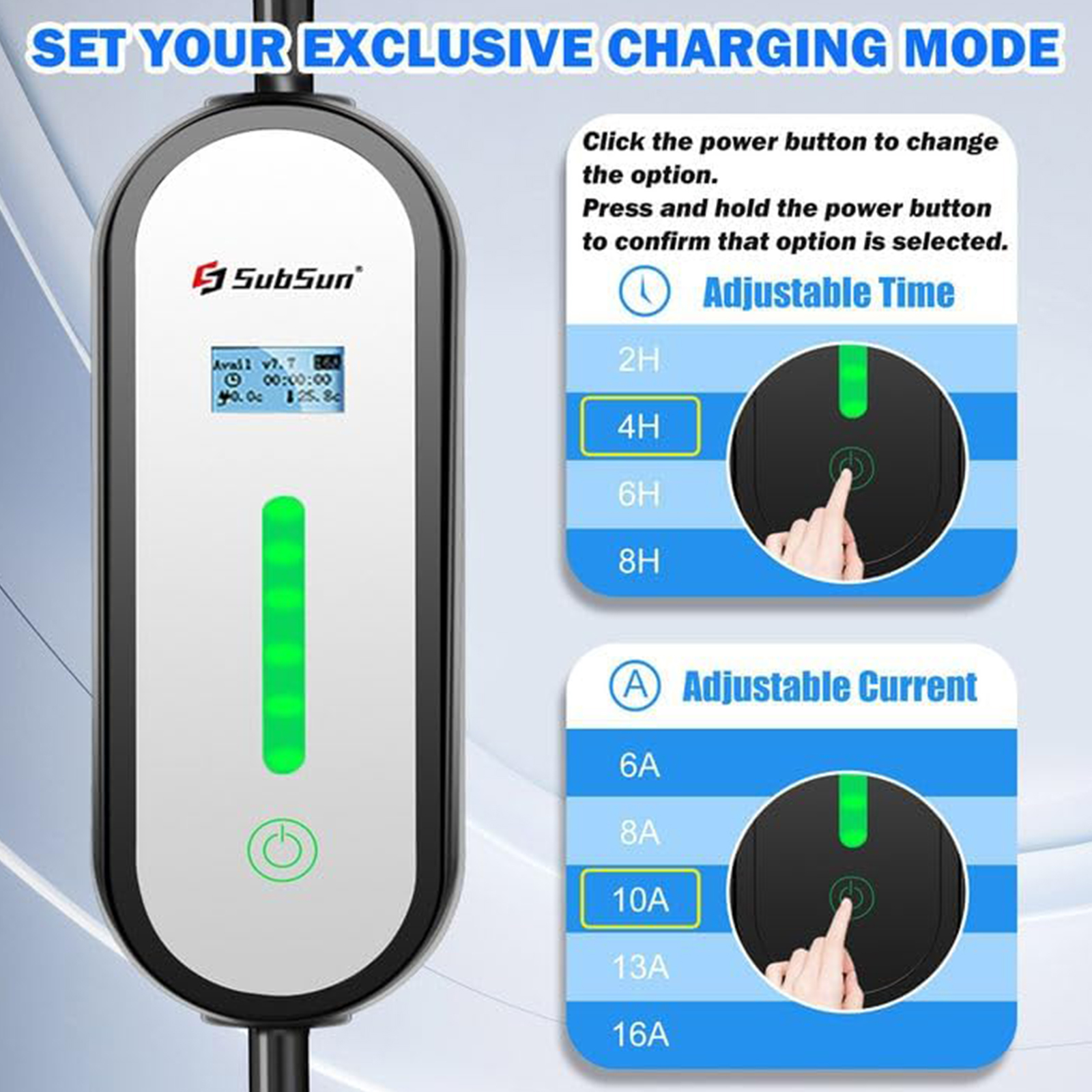 SubSun Level 1 Level2 EV Charger 16 Amp 110-240 V,17 ft Cable, Portable Electric Vehicle Charger with NEMA5-15P & 6-20 Plug Compatible for SAE J1772 EV Cars for Home and Outdoor (White)