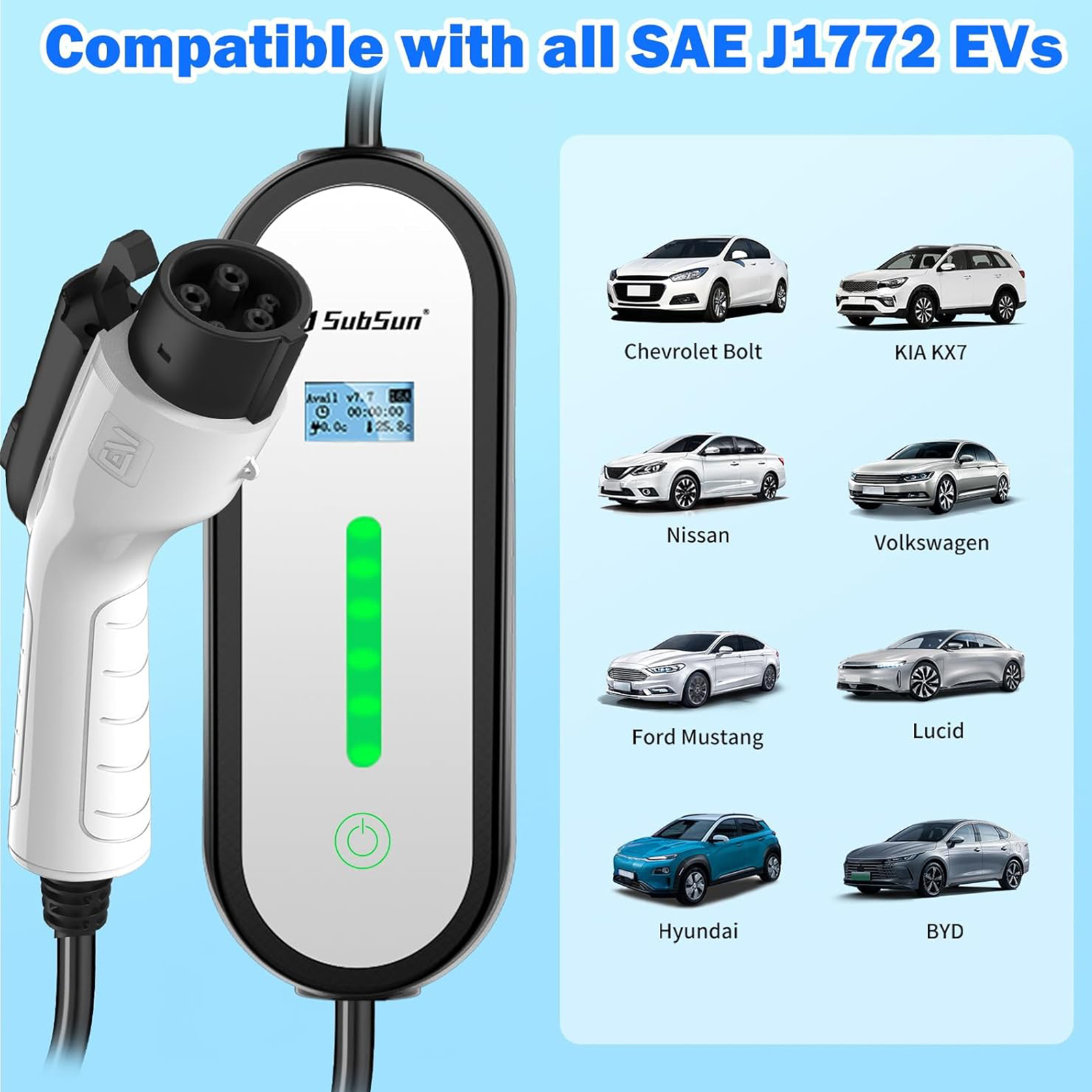 SubSun Level 1 Level2 EV Charger 16 Amp 110-240 V,17 ft Cable, Portable Electric Vehicle Charger with NEMA5-15P & 6-20 Plug Compatible for SAE J1772 EV Cars for Home and Outdoor (White)