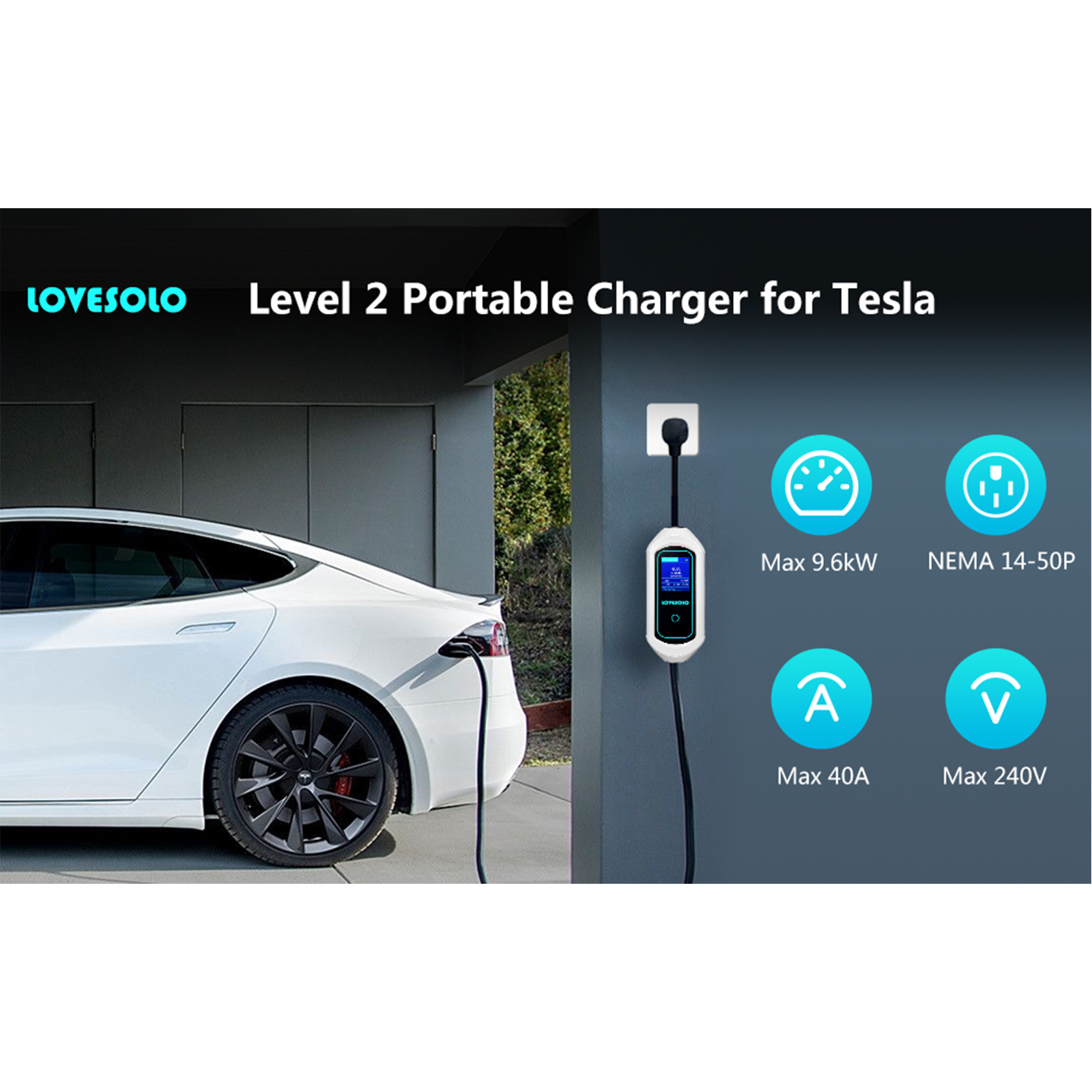 Lovesolo EV Charging Station Level 2 EV Charger for Tesla Wall Charger | 40A 240V 9.6KW ETL Listed Portable Mobile Charger for Tesla | with NEMA 14-50R to 16-20P Adapter | Home Charger for Tesla Model Y/3/S/X | APP Control