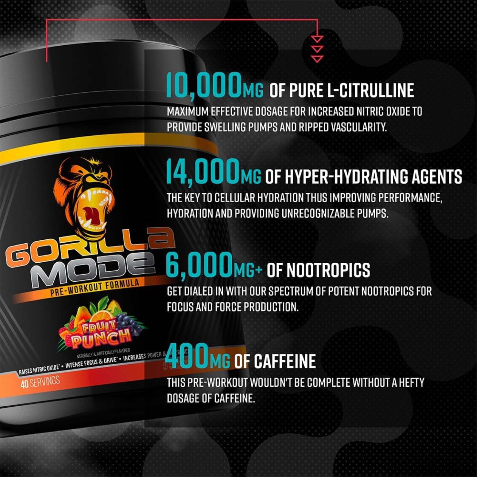 Gorilla Mind Pre Workout - Massive Pumps Laser Focus Energy Power - L-Citrulline, Creatine, L-Tyrosine, Betaine, Hydroprime, Alpha-GPC, 400mg Caffeine, Huperzine A 816g (Strawberry Kiwi)