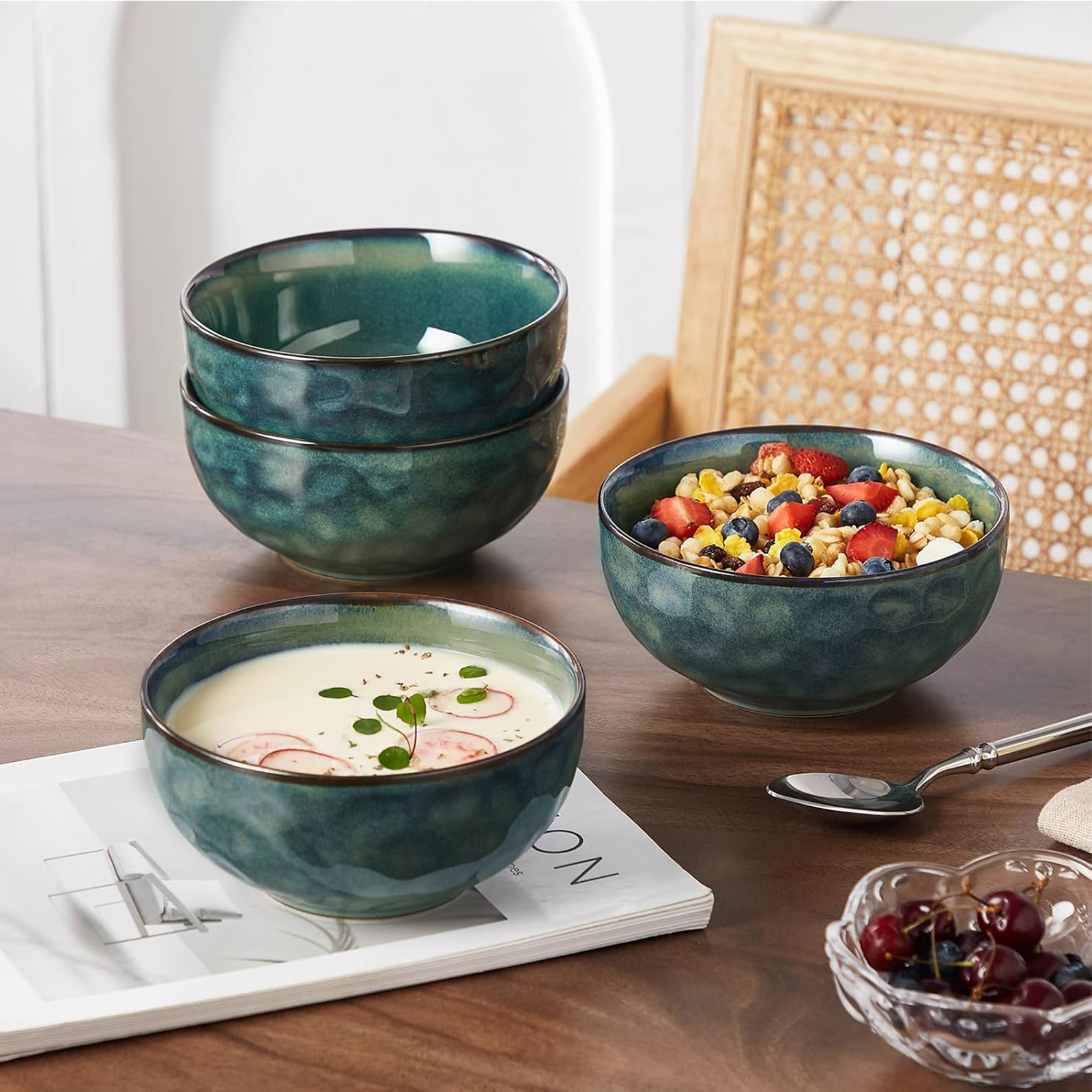 vancasso Starry 24oz Bowls for Soup, Ceramic Deep Soup Bowls Set of 4, Green Cereal Bowls Set for Kitchen, Salad Bowls Set, Pasta Oatmeal Bowls, Lead-free, Dishwasher & Microwave Oven Safe, Dark Green