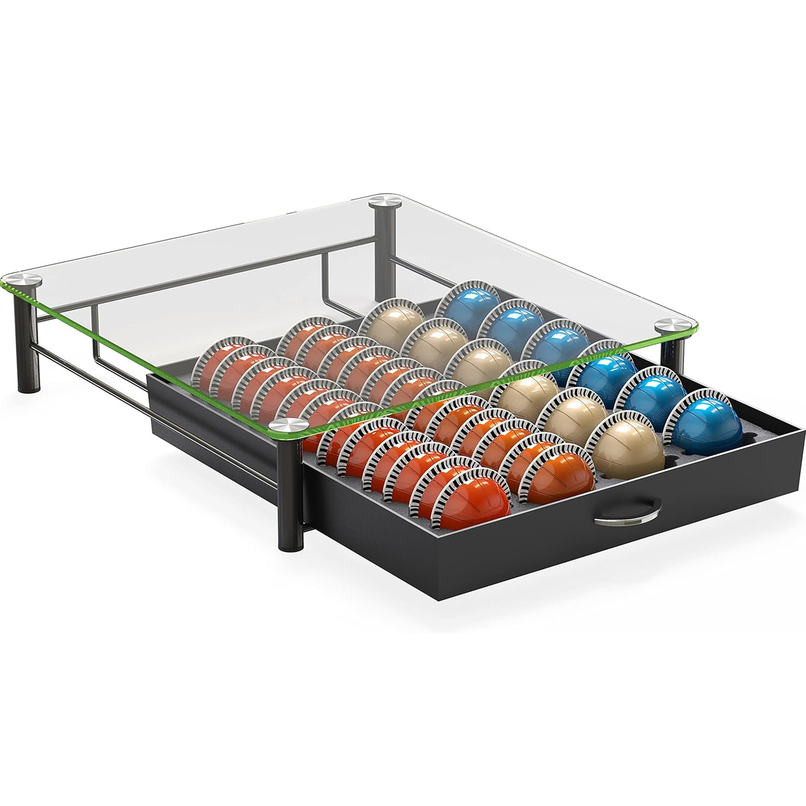 DecoBrothers Crystal Tempered Glass Vertuo Pod Holder Drawer, 24 Large or 48 Small Nespresso Capsule Organizer