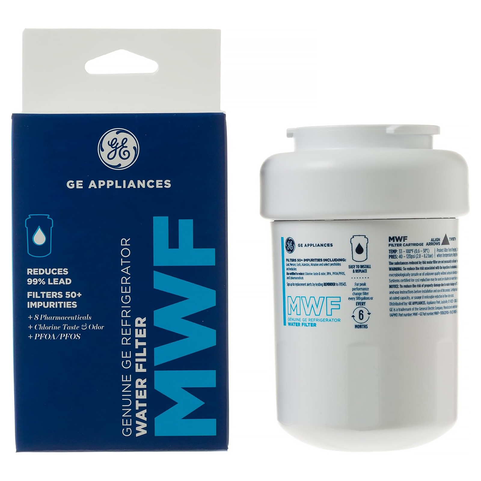 GE MWF Refrigerator Water Filter, Genuine Replacement Filter, Certified to Reduce Lead, Sulfur, and 50+ Other Impurities, Replace Every 6 Months for Best Results, Pack of 1