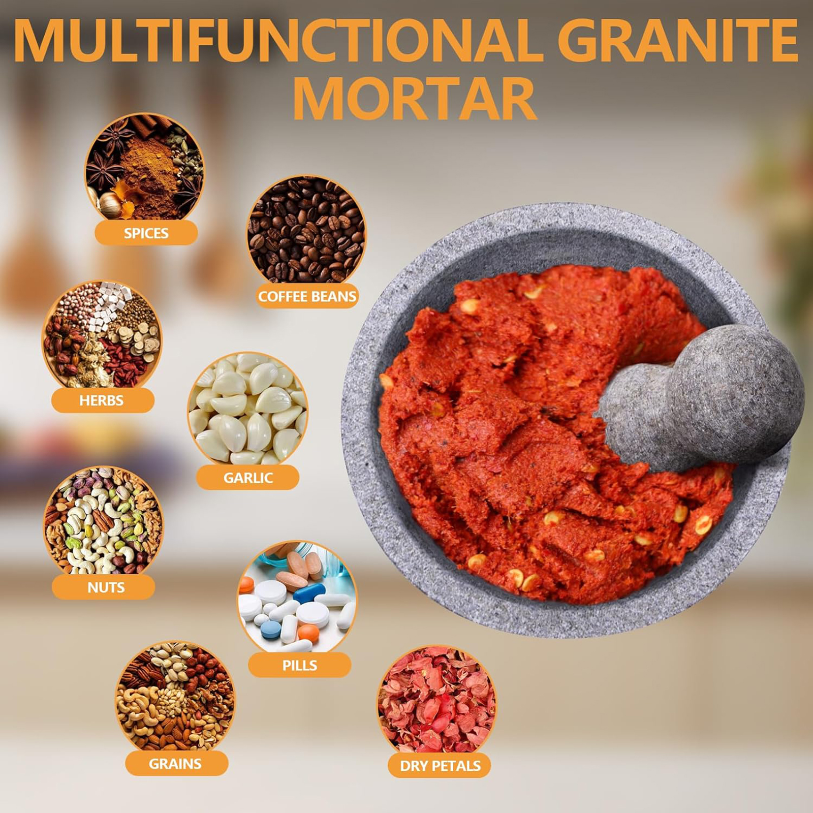 Mortar and Pestle Set, 4 Cup Natural Unpolished Granite Molcajete Mexicano, 8-in Extra Large Guacamole Bowl, Motar Pestel Stone Grinder for Guacamole, Salsa, Spices, Herbs, Seasonings