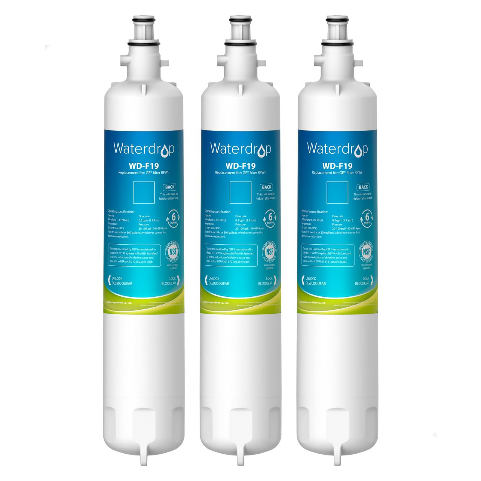 Waterdrop Refrigerator Water Filters for GE® RPWF, CFE28TSHSS, Pack of 3 