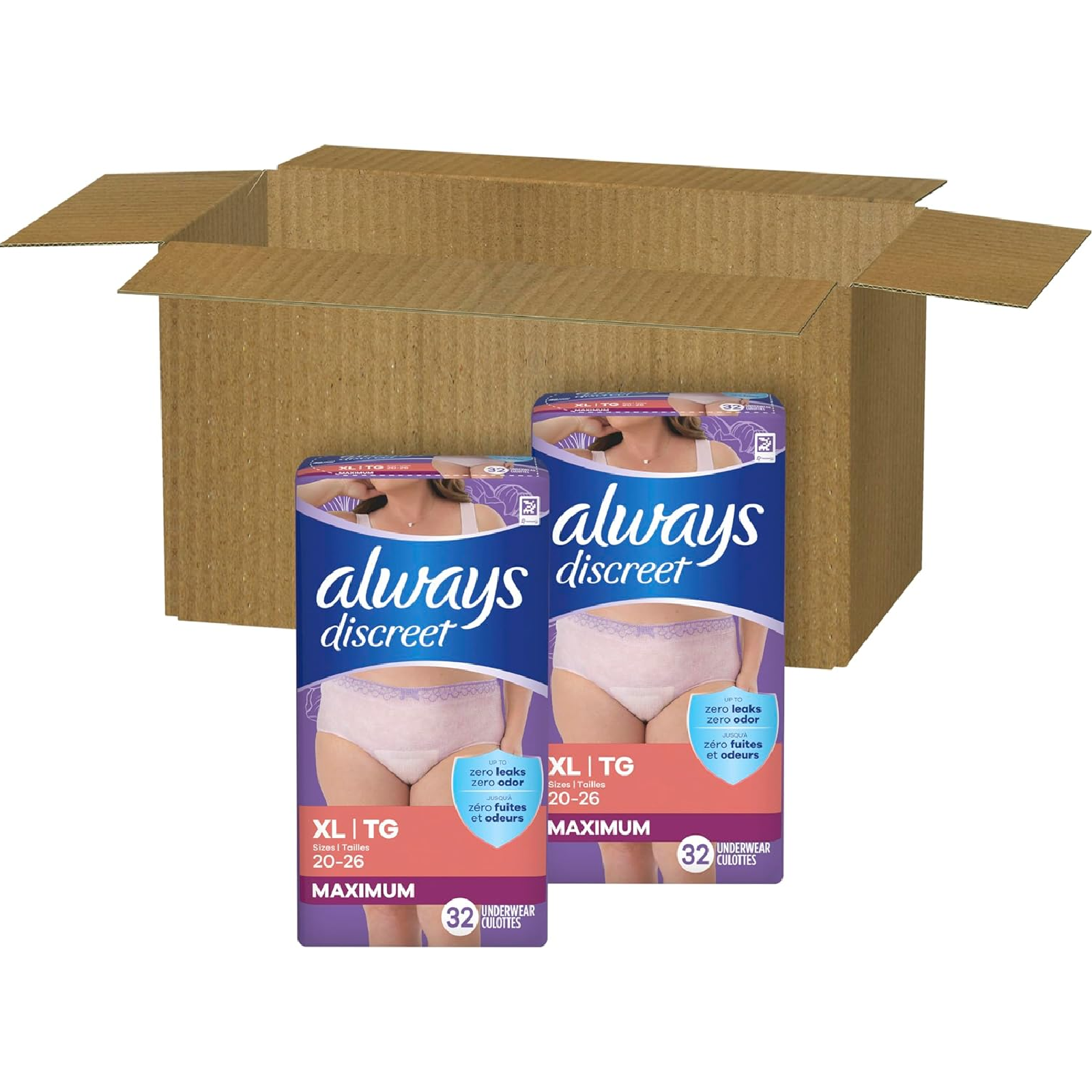 Always Discreet Adult Incontinence Underwear for Women and Postpartum Underwear, XL, Up to 100% Bladder Leak Protection, 64 Count (Packaging May Vary)