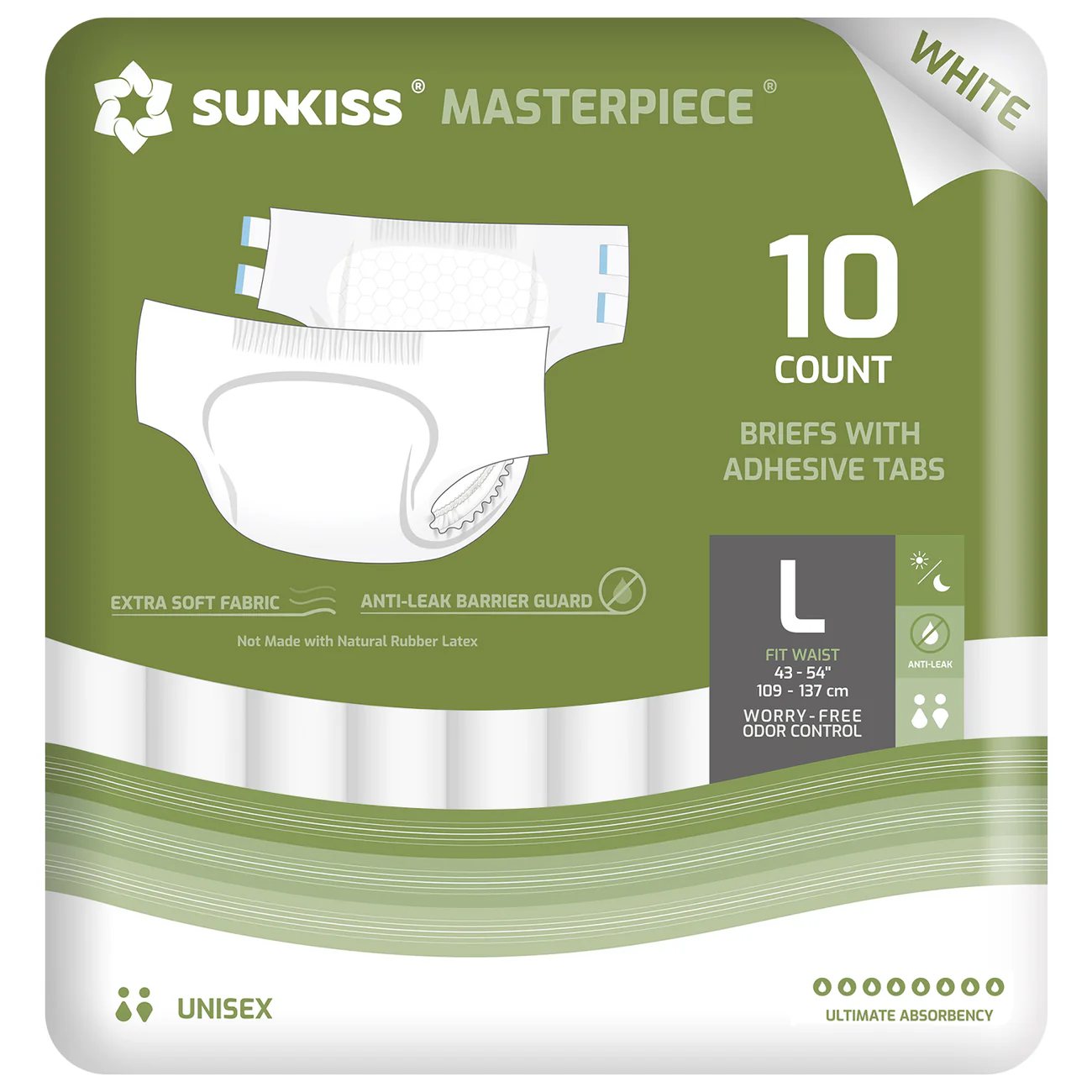 SUNKISS Masterpiece Adult Diapers with Tabs, Unisex Disposable Incontinence Briefs for Women and Men, Odor Control, White,Large/XLarge 10 Count