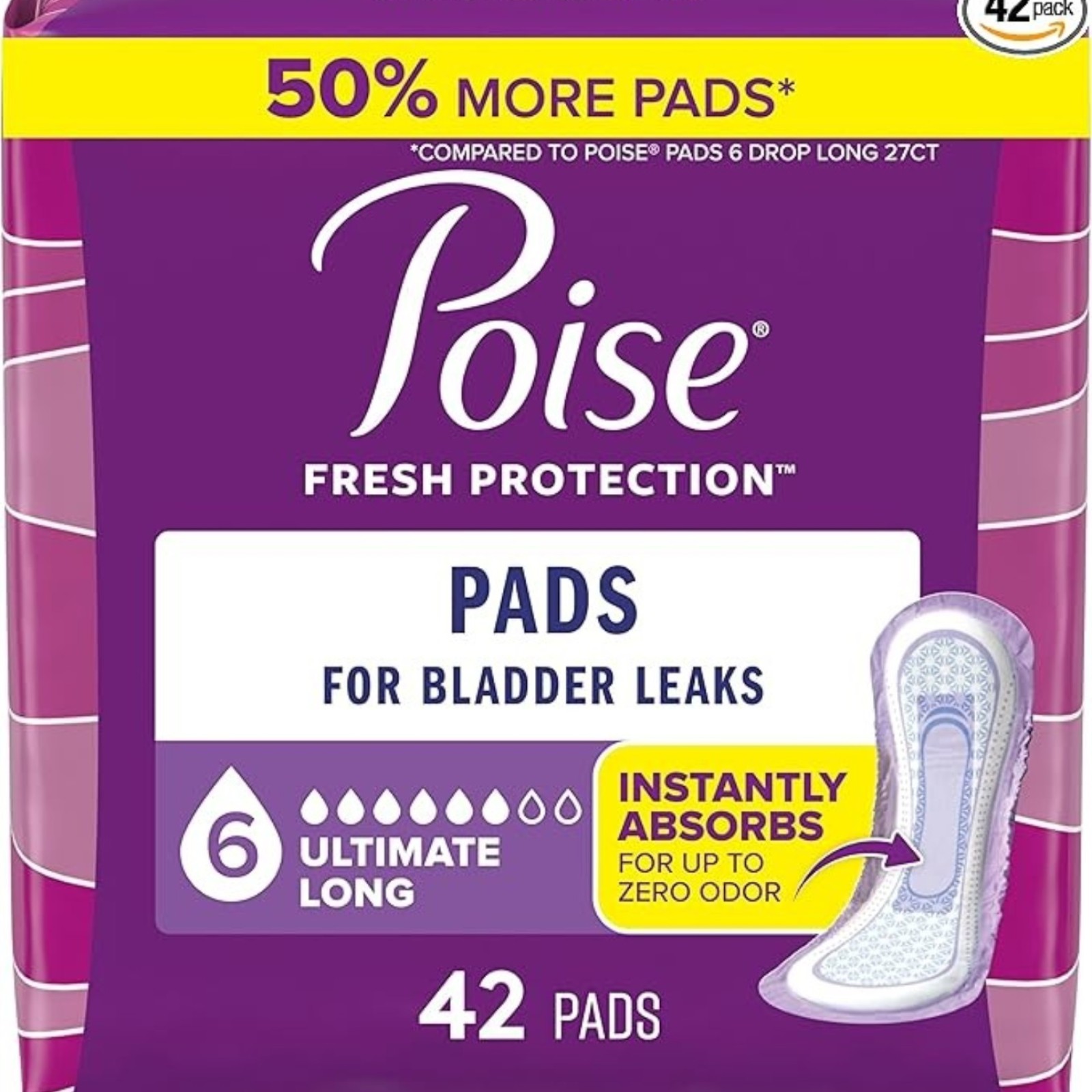 Poise Incontinence Pads & Postpartum Incontinence Pads, 6 Drop Ultimate Absorbency, Long Length, 42 Count, Packaging May Vary