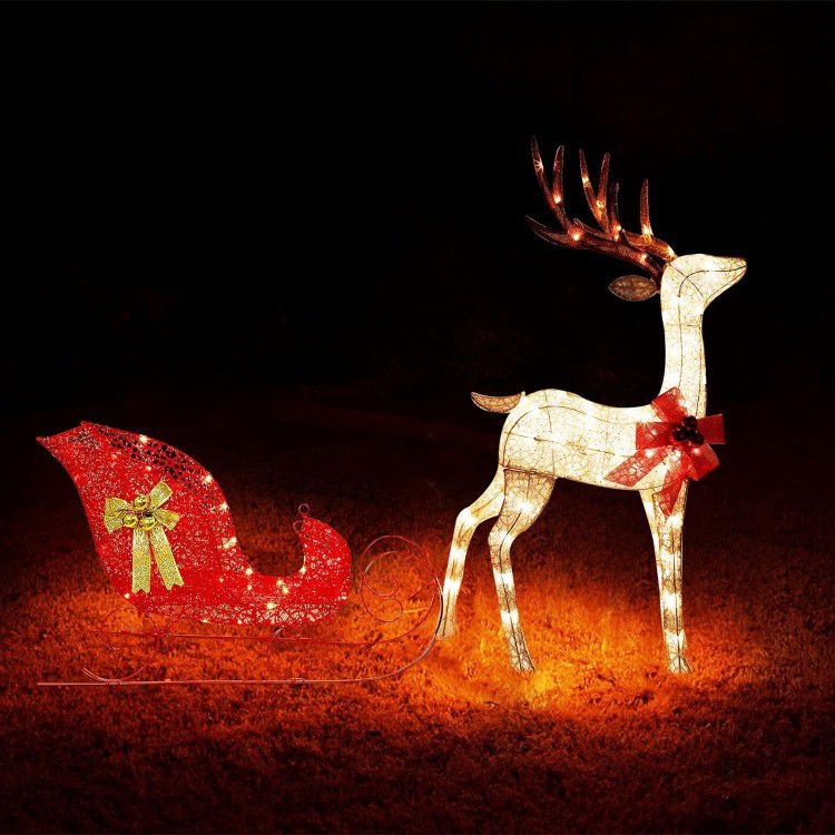 Zcaukya Christmas Outdoor Yard Decoration, 4 ft Tall, 120 LEDs, Pre-lit 3D Reindeer & Sleigh