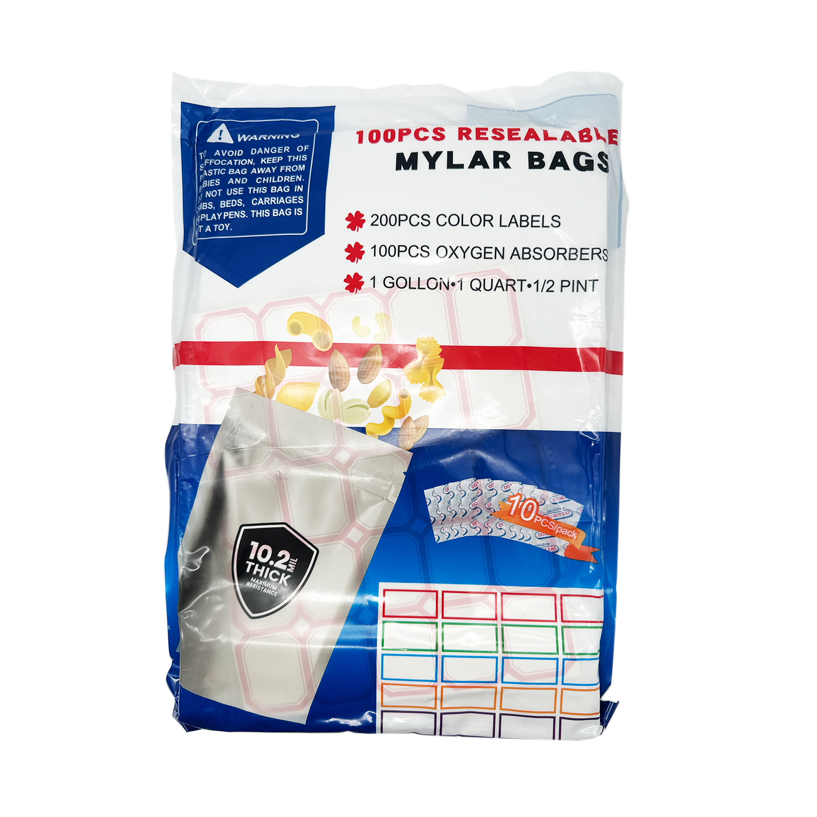 100pcs Mylar Bags for Food Storage with 100 Oxygen Absorbers & 200 Color Labels, 10.2 Mil Thick, 3 Sizes (1 Gallon, 1 Quart, 1/2 Pint)