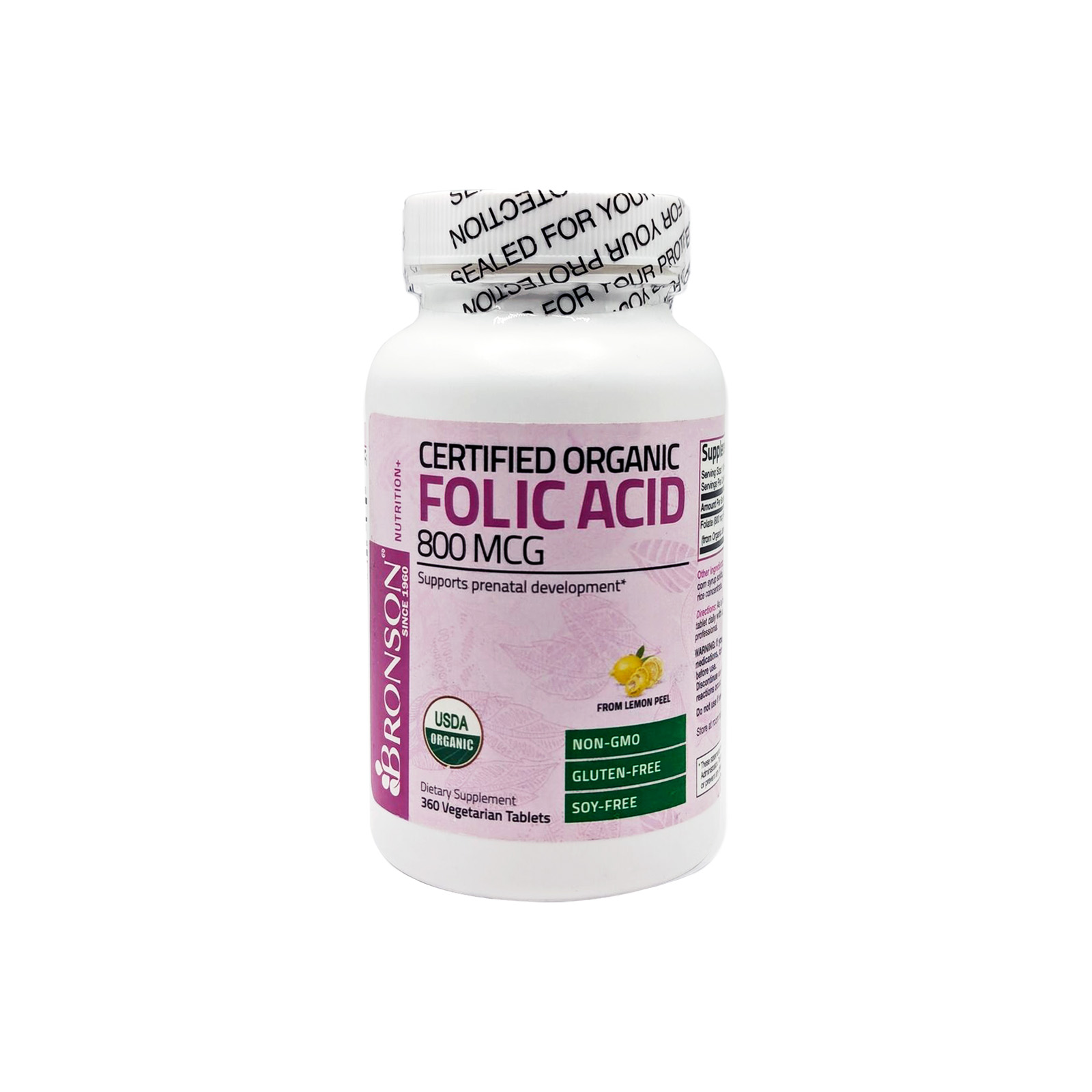 Bronson Folic Acid (Folate) Vegetarian USDA Certified Organic - 800 mcg 360 Vegetarian Tablets