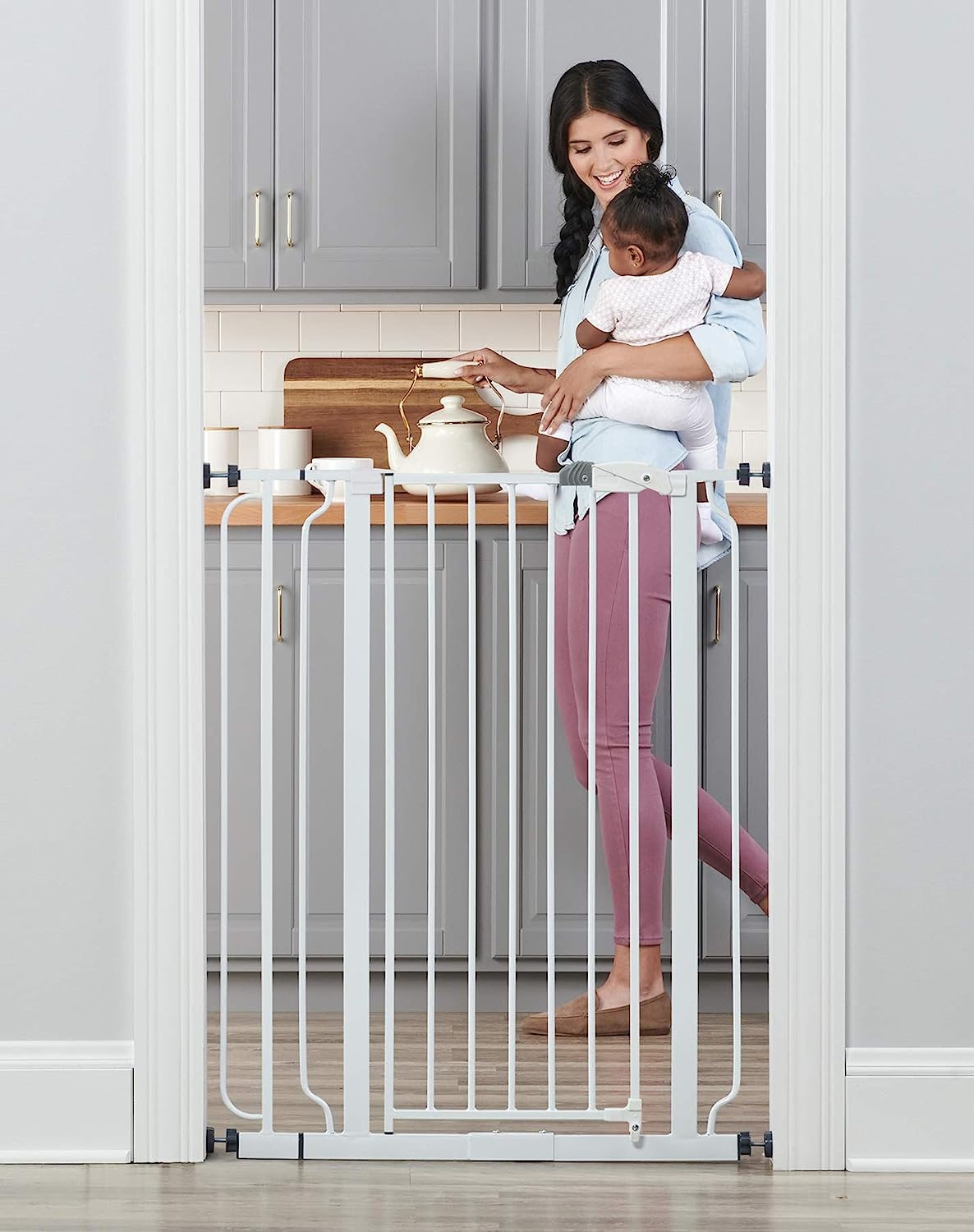 Regalo Easy Step 36" Extra Tall Walk Thru Baby Gate - Includes 4-Inch Extension Kit, 4 Pack Pressure Mount Kit, and 4 Pack Wall Cups and Mounting Kit